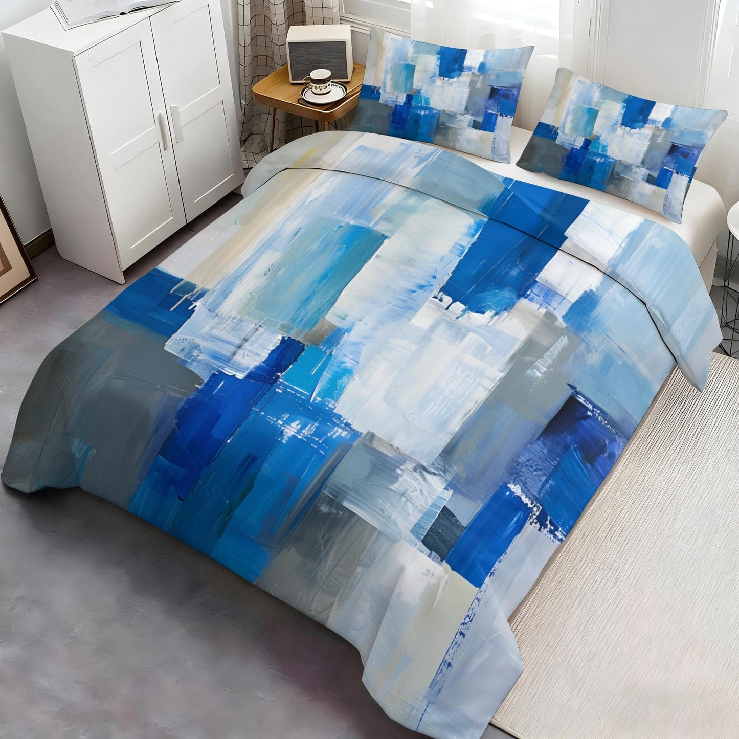 GKPLY Geometric Comforters Queen Size, Medieval Bedding Sets, Blue and Gray Duvet Cover, Zipper Closure, 2 Pillowcases, Reversible Print Bedding & Bedroom Decor