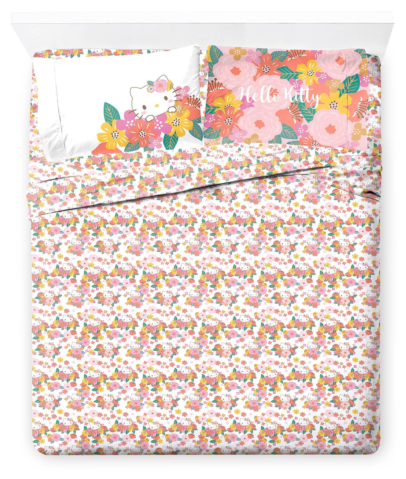 Jay Franco Sheet Set with Fitted, Flat Sheets & Pillow Cover - Ultra-Soft Bedding with Pillowcase for Room Decor, Multi - Hello Kitty, 4 Piece Queen