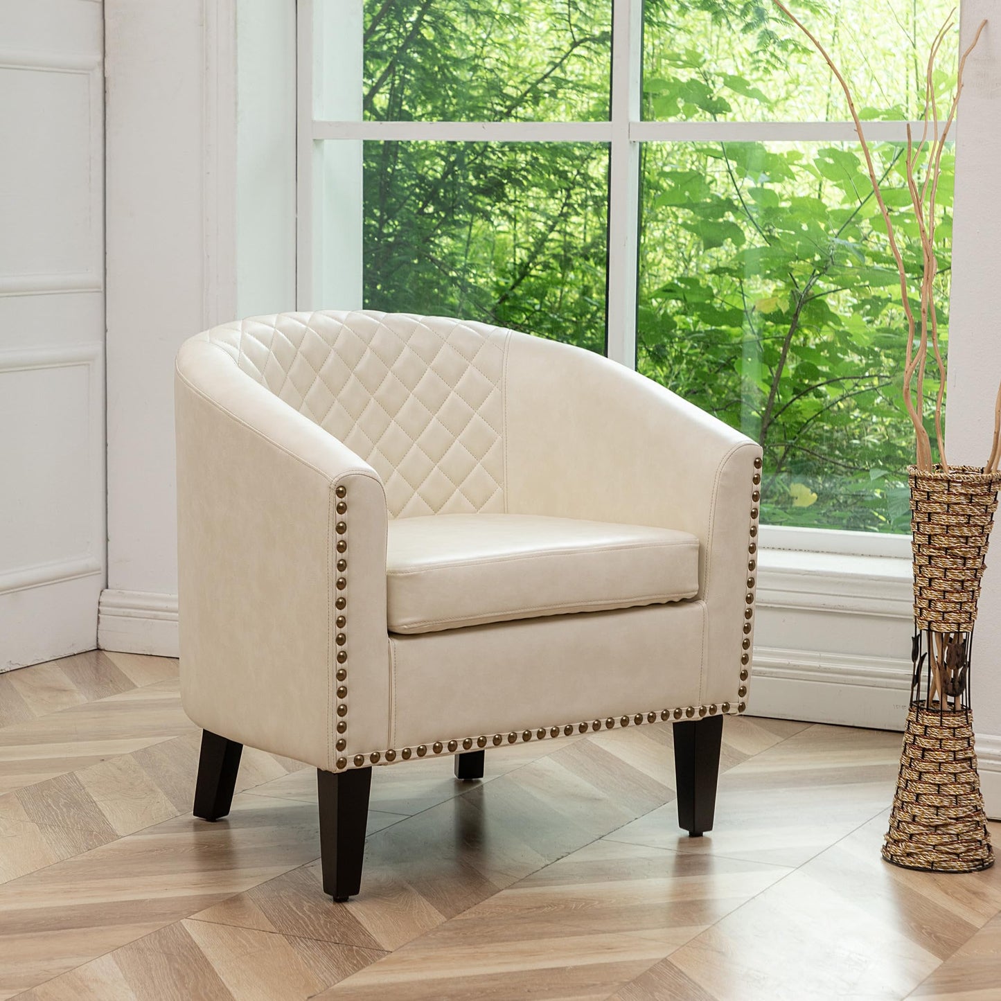 KINWELL 29" W Modern Faux Vegan Leather Barrel Chair, PU Upholstered Tufted Accent Club Chairs with Nailhead Trim, Small Armchair for Living Room Bedroom Apartment Lounge Nursery, Cream