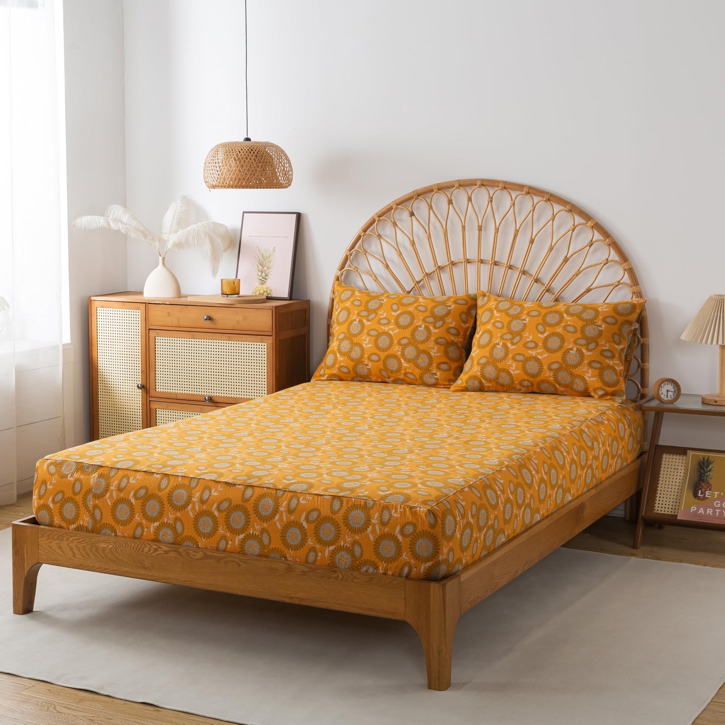 FADFAY Double Gauze 100% Cotton King Sheets Set Floral Bed Sheets Deep Pocket Fitted Sheet, Luxury Sunflower Pattern Shabby Vintage Countryside Style Bedding 4Pcs