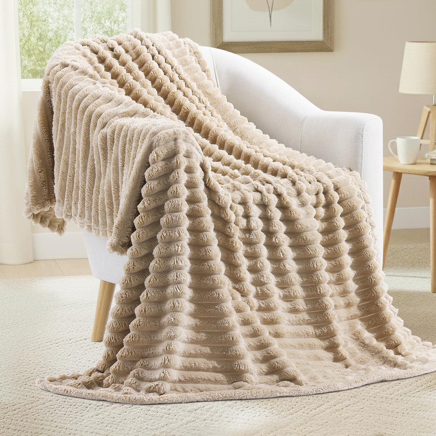 decorUhome Soft Fleece Light Brown Throw Blanket for Couch, Cozy Fluffy Plush Flannel Striped Blanket for Sofa Bed, Lightweight Decorative Ribbed Fuzzy Blanket for Woman, 50x60 Inches