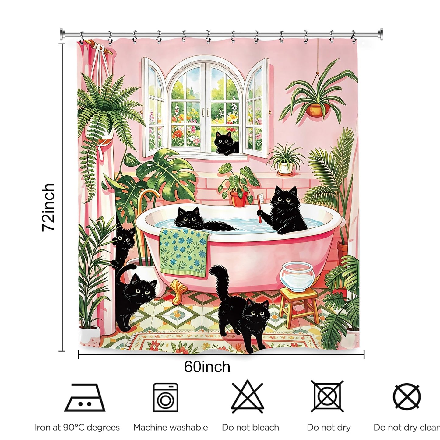 Kalmico Funny Black Cat Cute Shower Curtain 60Wx72L Inch Tropical Pink Green Lovely Kitten Botanical Bathroom Set Accessories Decor with 12 Pack Hooks