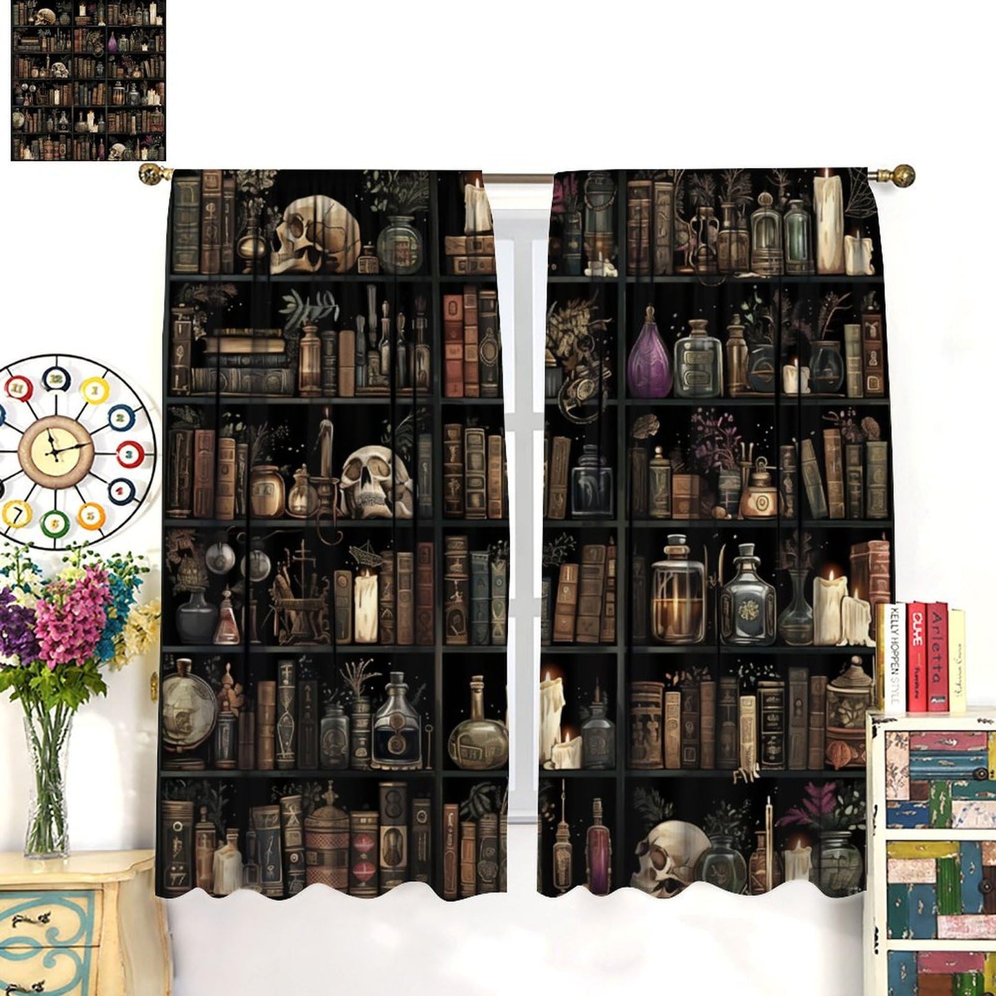 TOWINSFB Gothic Library Book Blackout Curtains, Retro Bookshelf Skull Floral Candles Home Decor Rod Pocket Window Drapes for Living Room Bedroom - 45" L x 42" W