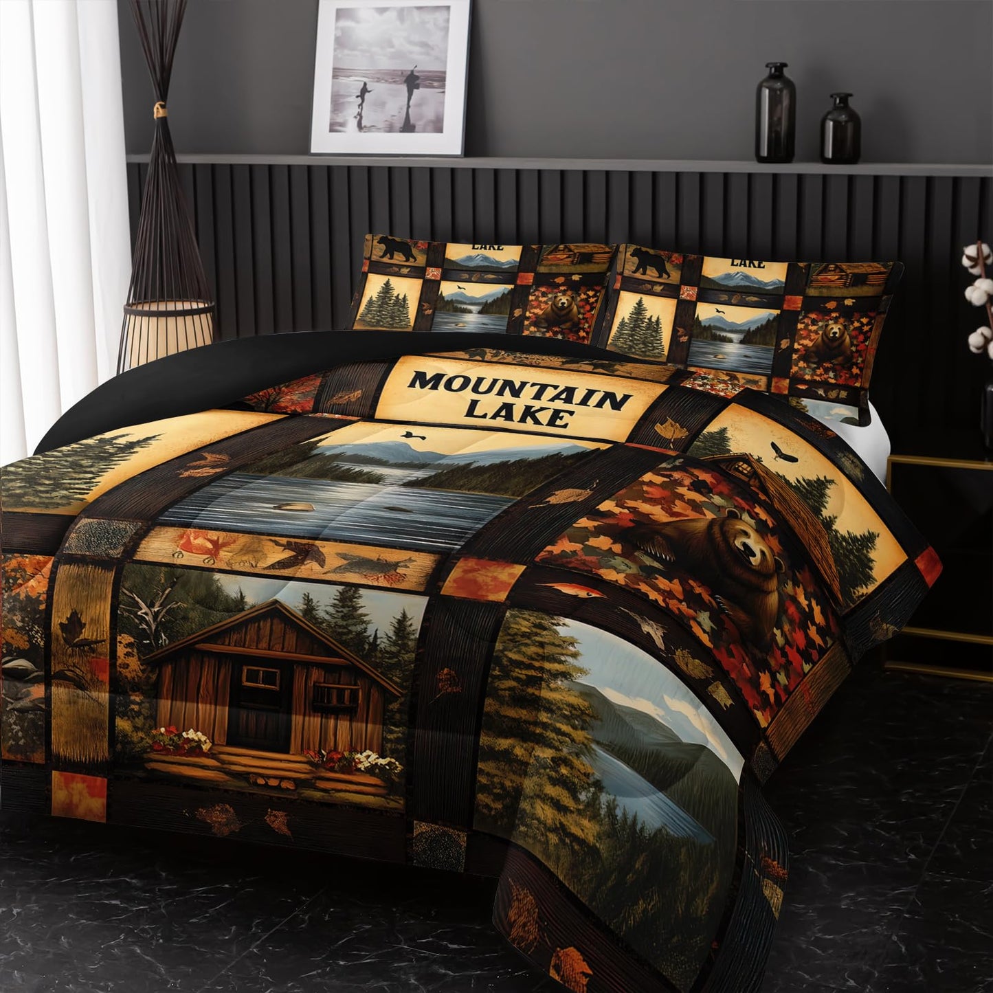 Nttopship Hunting Bear Comforter Set Twin,Bear Cabin Plaid Comforter Set Bedding Set for Kids Boys Men Adults Wildlife Pine Trees Rustic Farmhouse Soft Microfiber Comforter with 2 Pillowcases