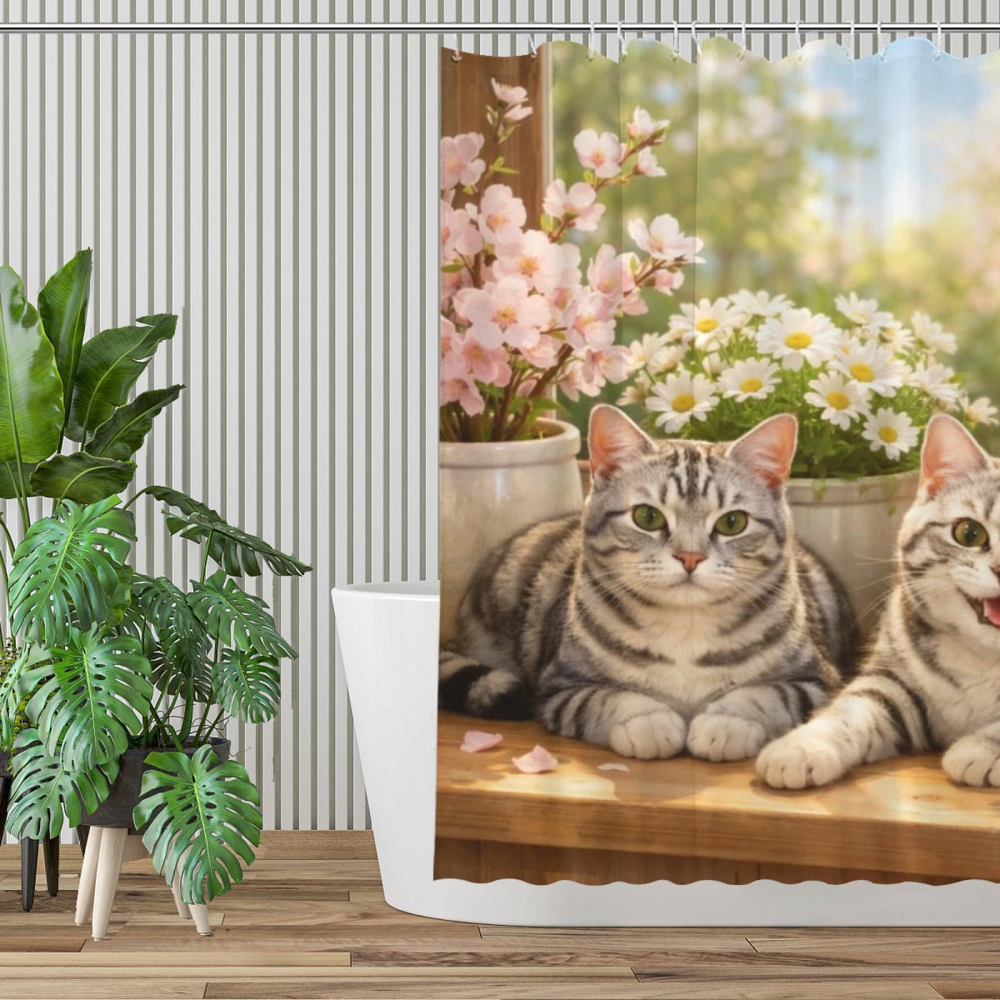 REZHOCH Fun American Shorthair Cat Shower Curtain 72x72Inch Cute Animals Home Bathroom Decor,Spring Summer Floral Window Scene Rustic Farmhouse Plants Soft Pastel Nature Waterproof Bath Set