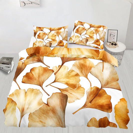 PAISUOQ Leaf Duvet Cover Full Size, Ginkgo Biloba Bedding, 3 Piece, Soft Microfiber Patterned Comforter Cover with Zipper Ties & 2 Pillowcase, Autumn Leaves Bedroom Decor & Gifts