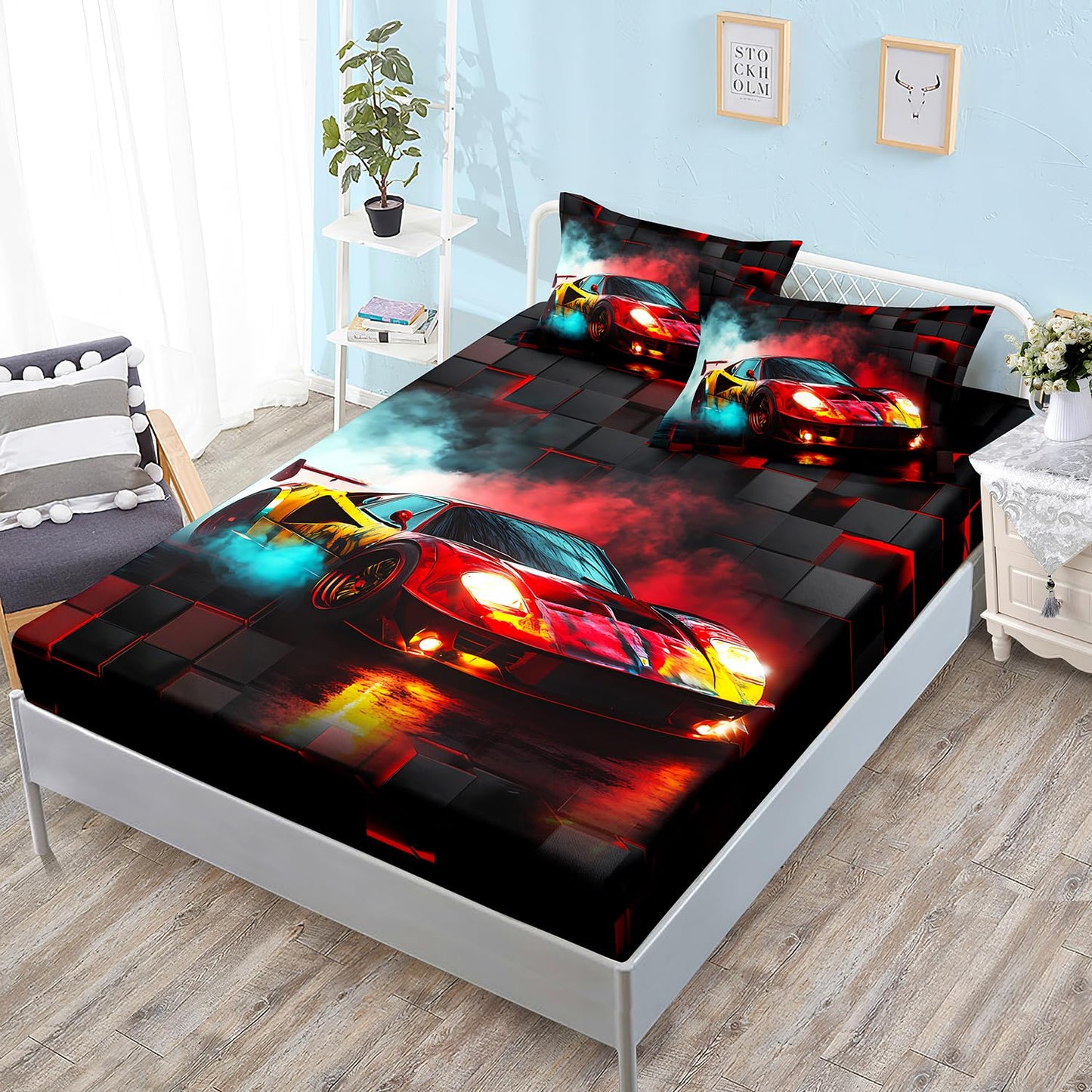 HOSIMA Boys Race Car Fitted Sheet Full,Black Red Geometric Background Pattern Lightweight Cool Extreme Sports Bedding for Kids Men Car Room Decor,1 Fitted Sheet+2 Pillowcases.
