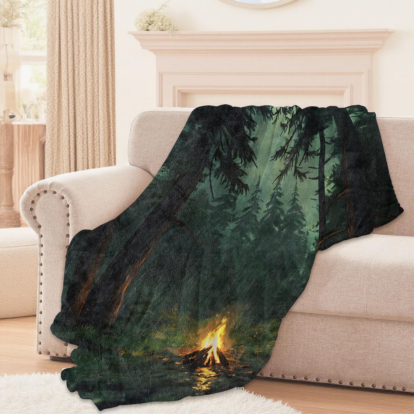 Lugiu Rainy Forest Campfire Blanket, Lightweight Comfy Warm Bonfire in Pine Woods Blankets for Couch Sofa Bedroom, Soft Plush Travel Flannel Throw Blanket Gifts for Adults Women, Home Decor 60×50in