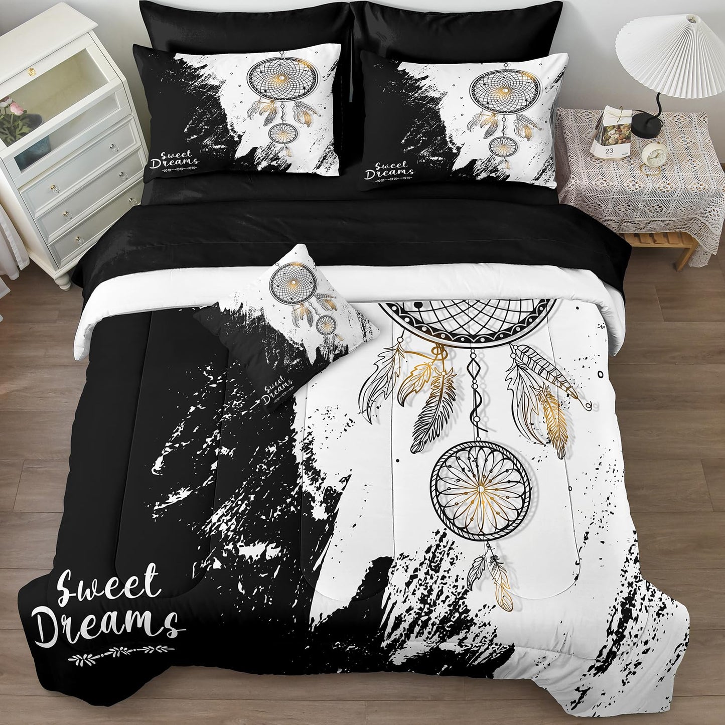 Bedbay Dream Catcher Comforter Set 8 Pieces King Size Comforter with Sheets Mandala Boho Bedding Soft Quilt Set Abstract Marble Texture Black White Queen Bed in a Bag for Boys Girls Teen Adults