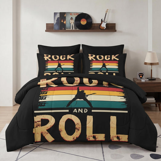 Pamnest Comforter Set Queen Size, Rock Roll Music Vintage 7 Pcs Bedding for Kids and Adults, Retro Guitar Disco Bed Sheet Sets with Fitted Sheet 2 Pillowcases & 2 Shams for Bedroom Bed Decor