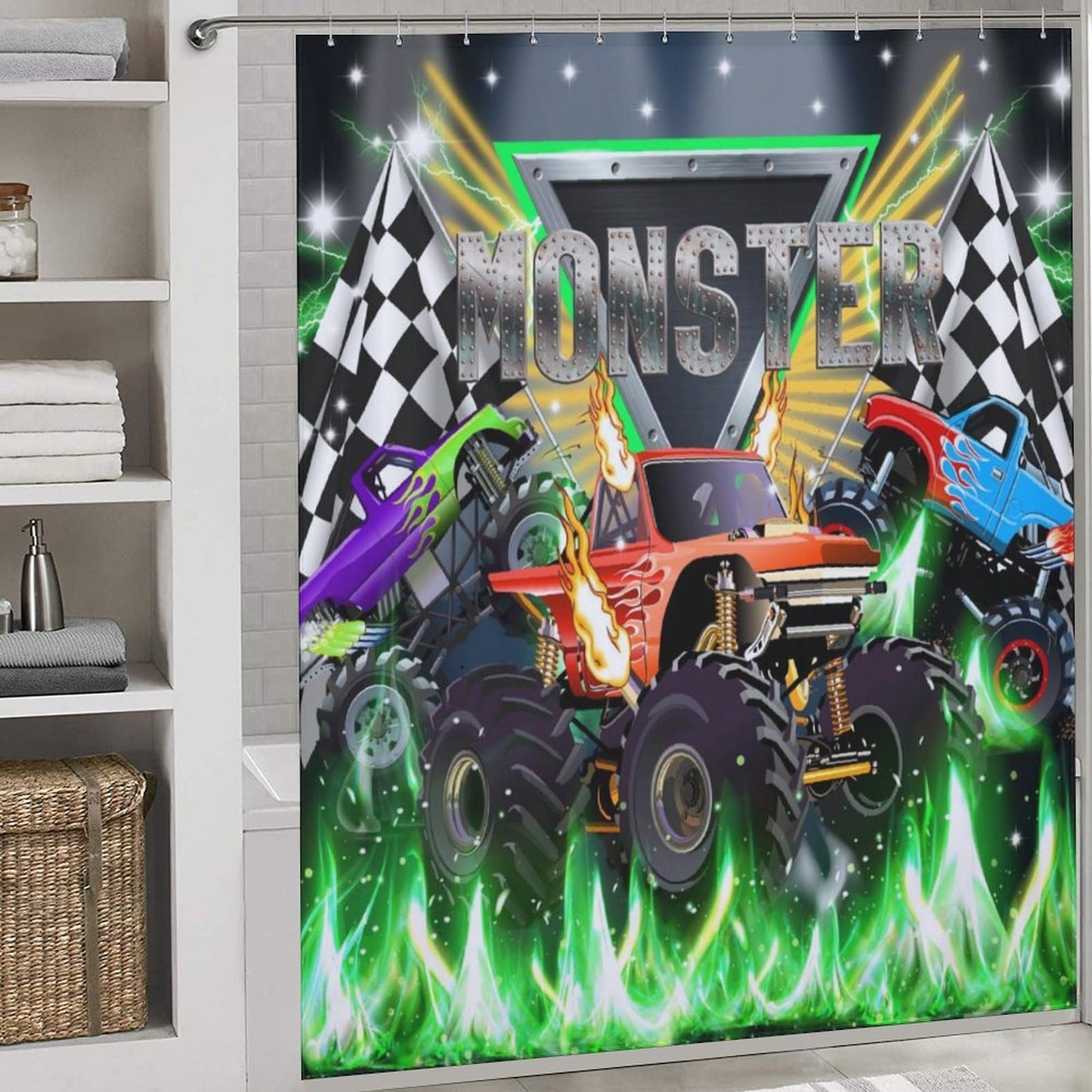 Lnepty Racing Car Kids Shower Curtains,3D Fleet Racing Car Stadium Game Cool Monster Truck Theme Decor Curtains Waterproof Fabric Bathroom Shower Curtain Set with Hooks,72x72Inch