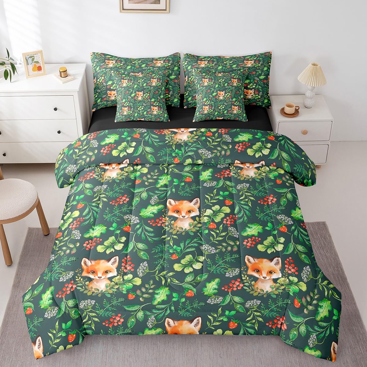 Erosebridal Fox Comforter Set 7 Piece Bed in a Bag Twin,Wild Woodland Animals Bedding Sets Jungle Botanical Leaf Comforter and Sheet Set,Green Plant Leaves Rustic Wildlife Farmhouse Bed Set