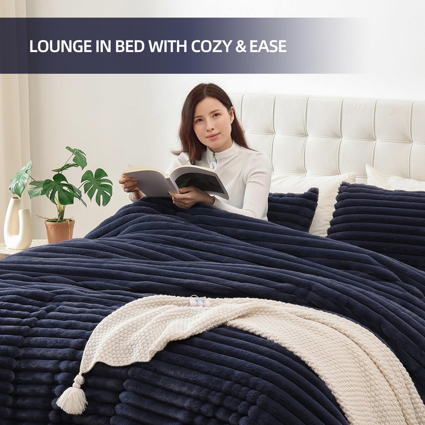 Smoofy Fluffy King Size Comforter Set 3 Pieces - Navy Blue Fleece Fluffy Comforter Set, Luxury Fuzzy King Bedding Set, Soft King Bed Set All Season, Heavy Faux Fur Comforter with 2 Pillow Cases