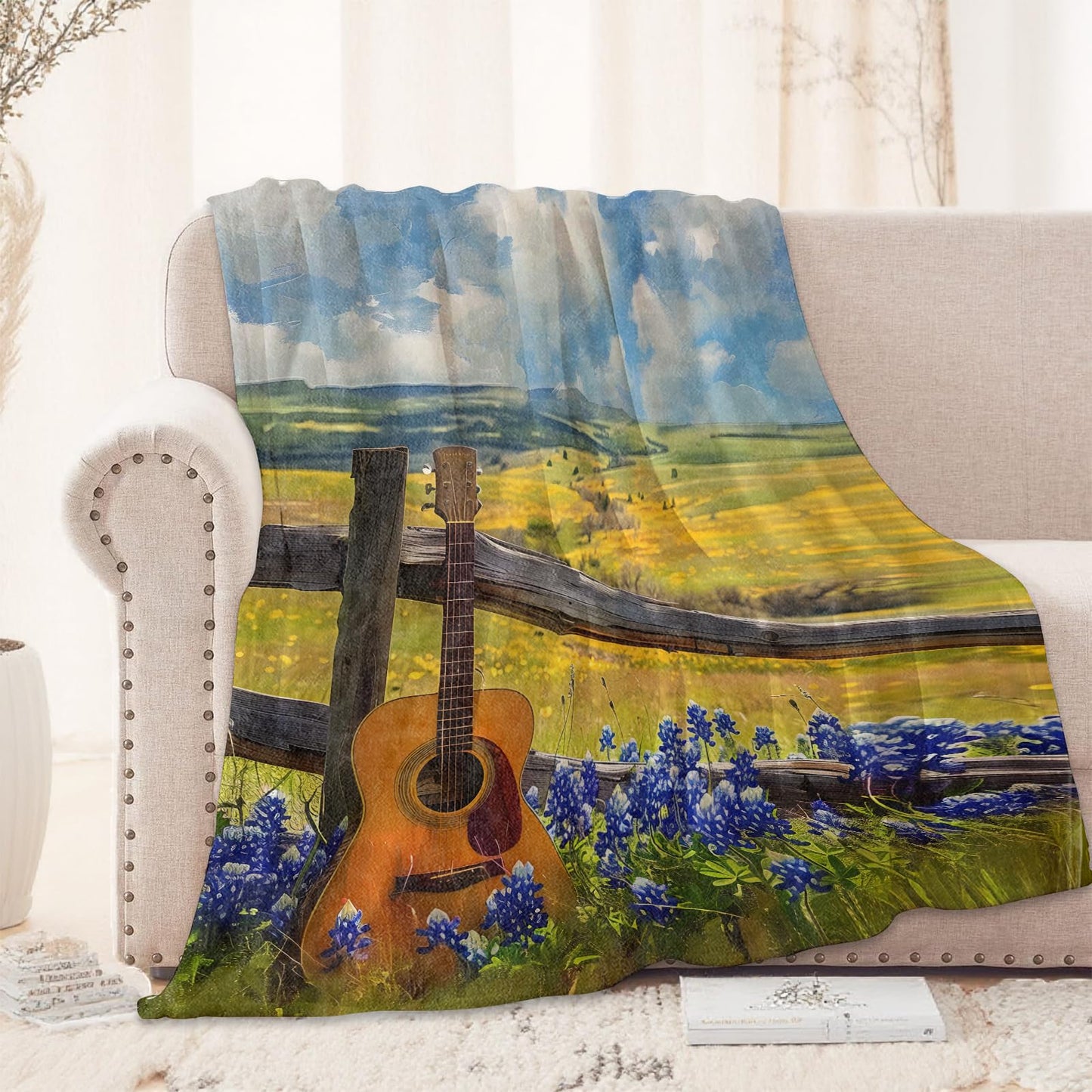 Country Guitar Blanket 50x60 in, Flannel Throw Blankets for Travel Camping Sofa Living Room Decor, Lightweight Cozy Soft Fuzzy Gifts for Women Adults Kids