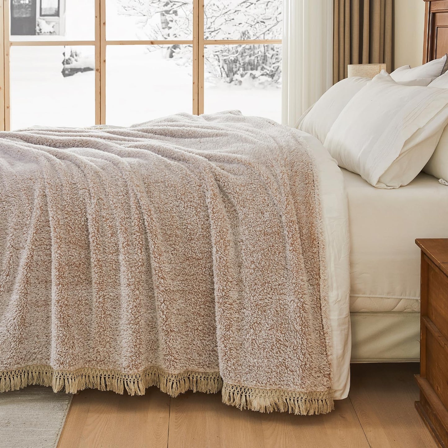 EMME Soft Sherpa Fleece Blanket with Tassel, Reversible Plush Fluffy Large Blanket, Light Weight Warm Decorative Boho Blanket Cover for Sofa, Couch, Bedroom,Travel(Tassel Khaki,108"x90")