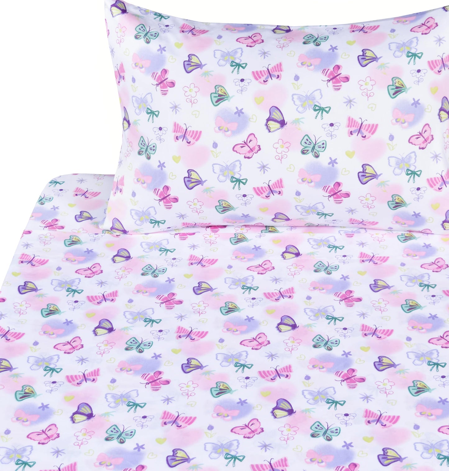 J-pinno Butterfly in Wonderland Purple Pink Cute Twin 100% Cotton 3 Pieces Sheet Set for Kids Girls Children, Flat Sheet + Fitted Sheet + Pillowcase Bedding Decoration Gift Set