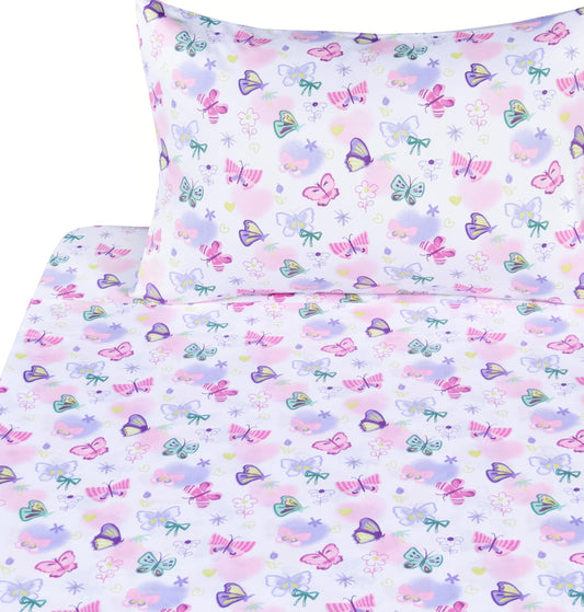 J-pinno Butterfly in Wonderland Purple Pink Cute Twin 100% Cotton 3 Pieces Sheet Set for Kids Girls Children, Flat Sheet + Fitted Sheet + Pillowcase Bedding Decoration Gift Set