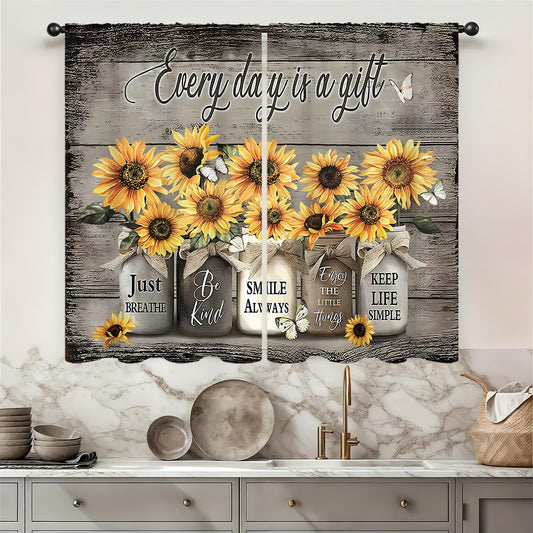 Famiffty Farmhouse Vintage Country Sunflower Kitchen Curtains 27.5W X 39L Inch 2 Panels Rod Pocket Brown Rustic Yellow Floral Inspirational Small Short Cafe Tier Cottage Window Drapes Treatment Decor