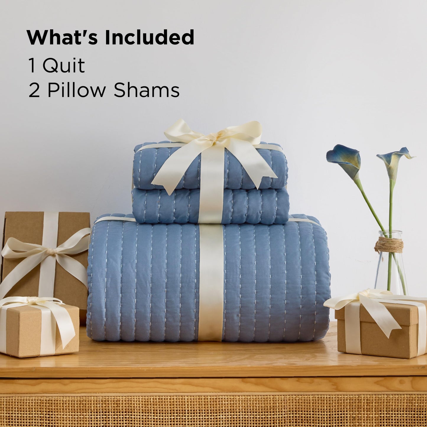 Bedsure Blue Quilts King Size - King Quilt Bedding Set Bedspread Coverlet, Lightweight Neutral Striped Bedding, 3-Piece Set with 106"x96" Coverlet & 2 Pillow Shams, All-Season Soft Microfiber