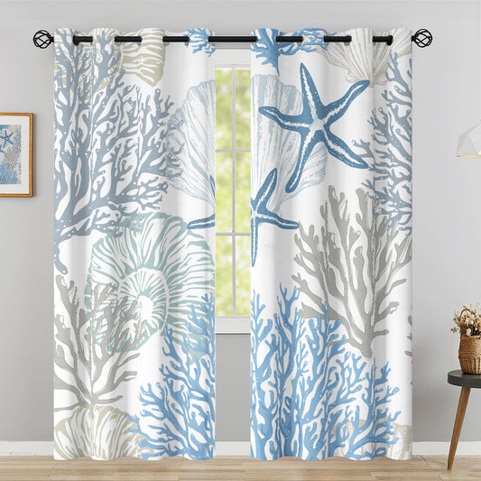 Sanzugh Coastal Beach Blackout Curtains 84 Inch Long 2 Panels Set, Blue Nautical Ocean Beachy Black Out Patterned Printed Window Curtain for Bedroom Living Room, Seashell Coral Grommet Window Drapes