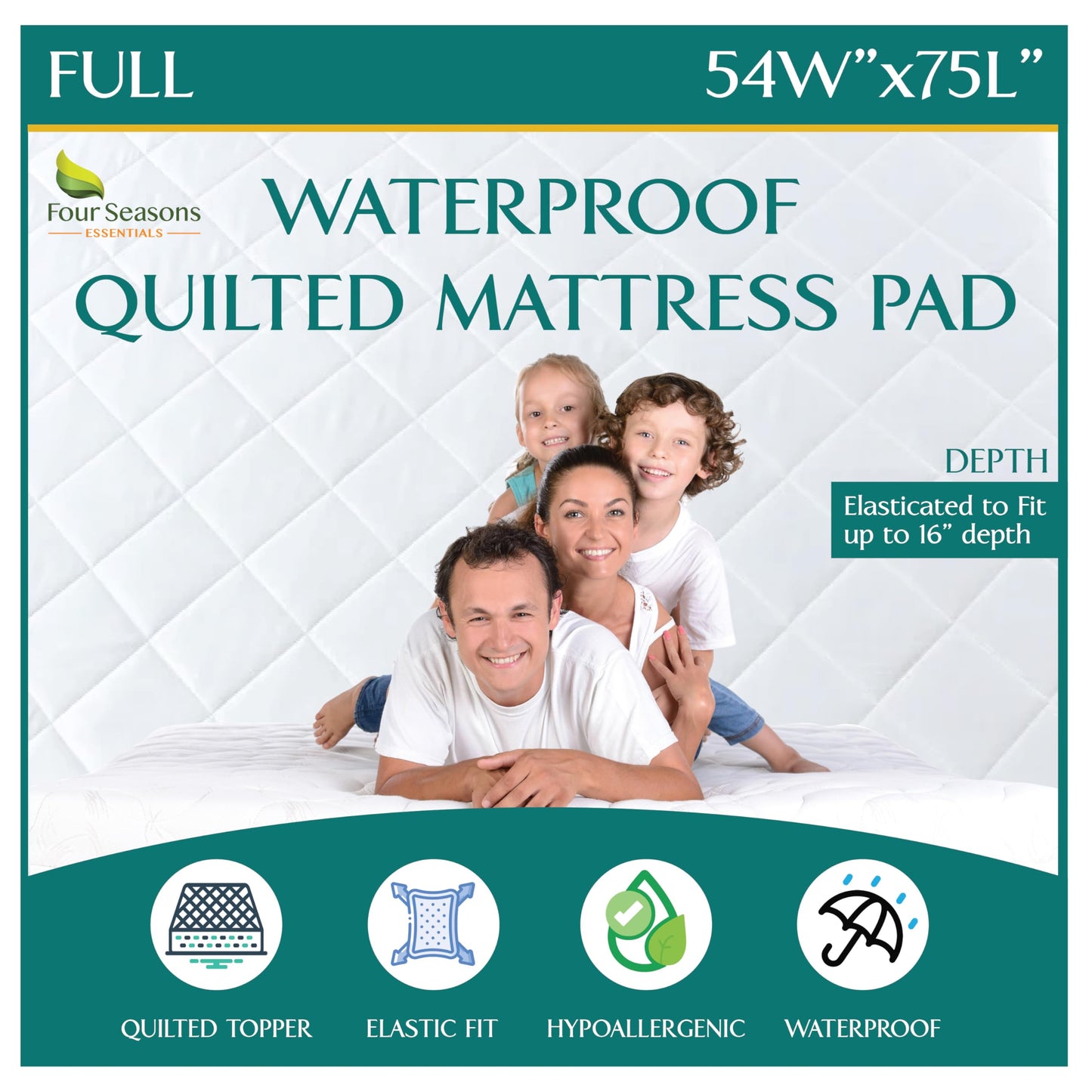 Full Size Quilted Mattress Pad - Fitted Waterproof Mattress Protector, Pillow Top Mattress Topper, Premium Quality Hypoallergenic Mattress Cover