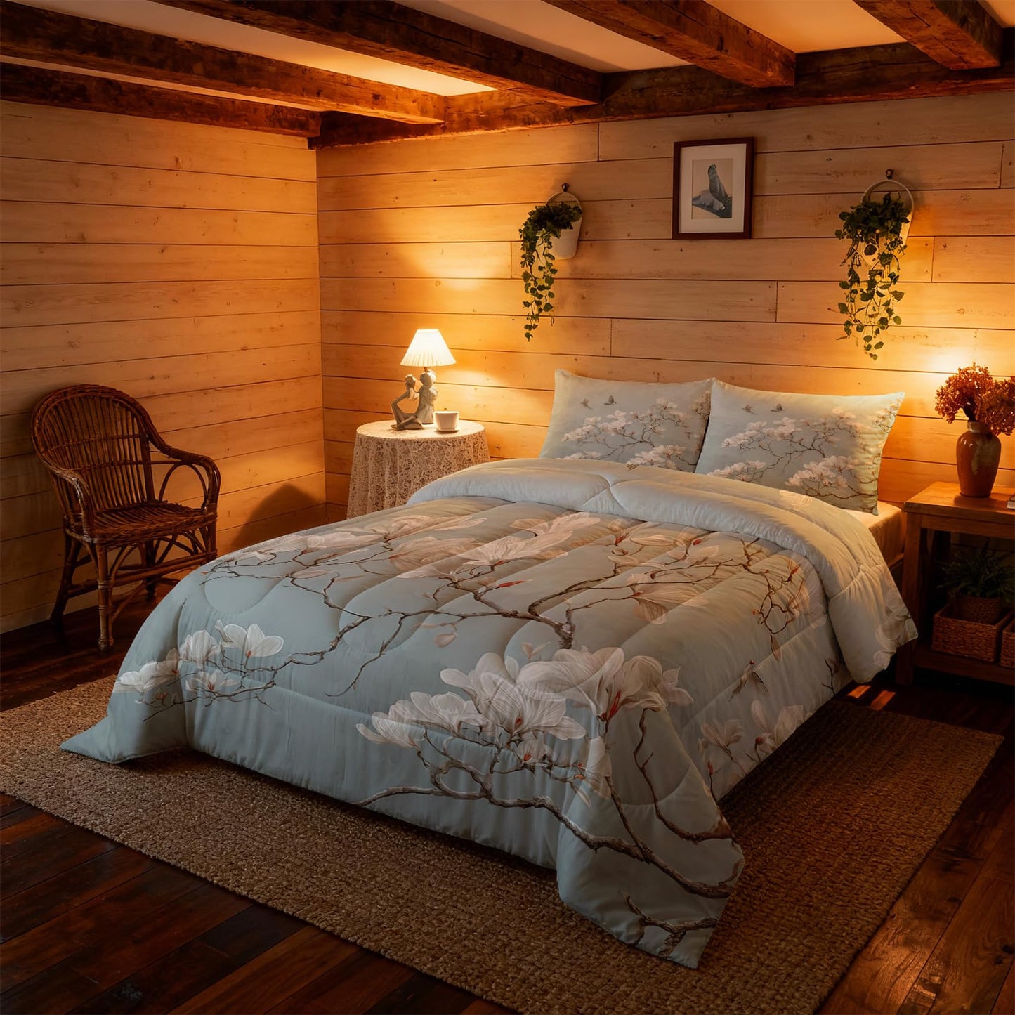 TANCAPRIUM Magnolia Comforter Set Twin - Japanese White Flower Bedding Set & 2 Pilow Cases for All Season - Soft Reversible Down Alternative 3 Piece. Floral Bedrom Decor