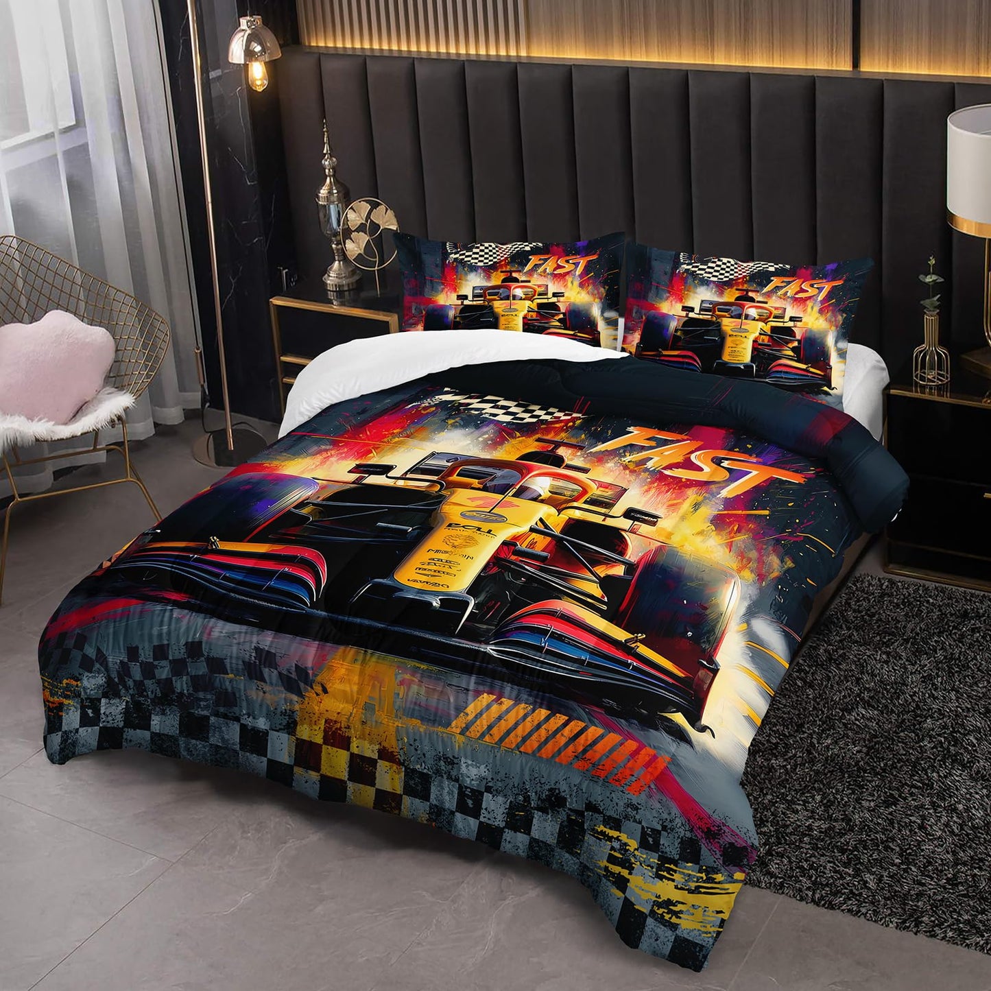lneffble F1 Race Car Comforter Set Full for Boys，Boys Full Size Bedding Set Race Car，with 1 Comforter with 2 Pillow Case，F1 Race Car Themed Bedroom Decor