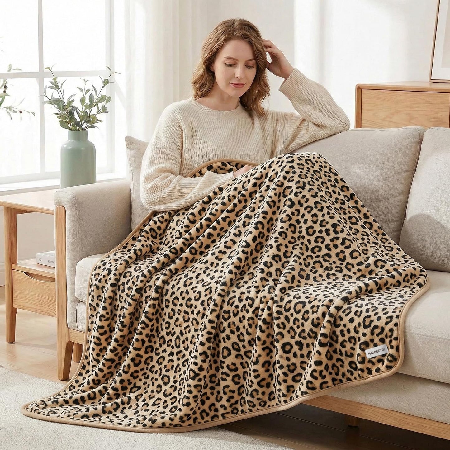 Fleece Throw Blanket 50" x 70" - Soft Cozy Microfiber Plush Blanket, Lightweight Warm Throw for Couch Bed Sofa Chair, All Season Use, Sand Leopard