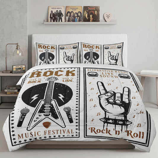 Pamnest Comforter Set Queen Size, Rock Roll Guitar Soft 3 Pcs Bedding for Kids and Adults, Retro Star Music Comforter Set with 2 Pillowcases, for Bedroom Bed Decor