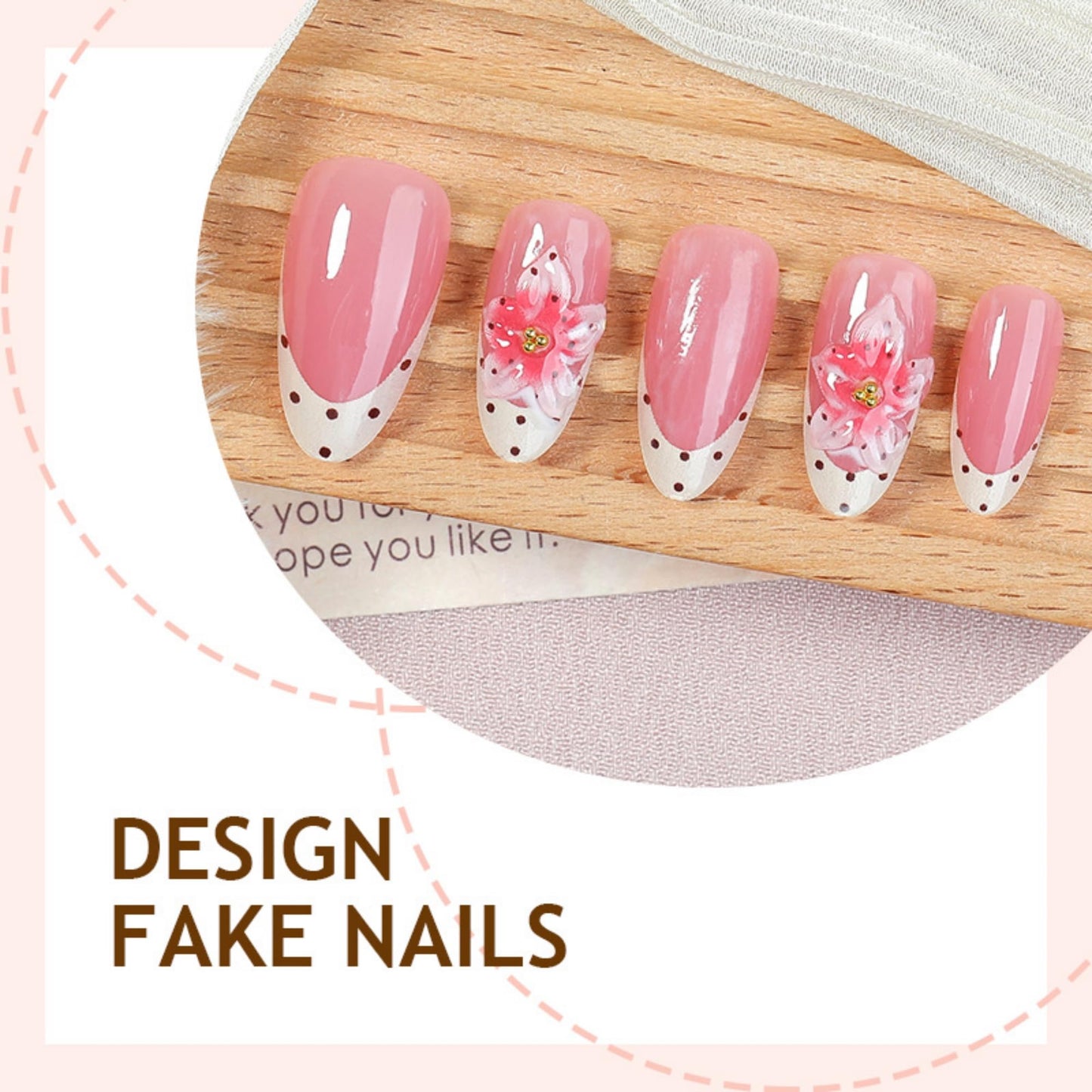 octoswave Press on Nails Almond Shape Medium Length 3D Flower French Tip Pink Fake Nails with Black Polka Dots for Women Girls Party Wedding Prom 30Pcs