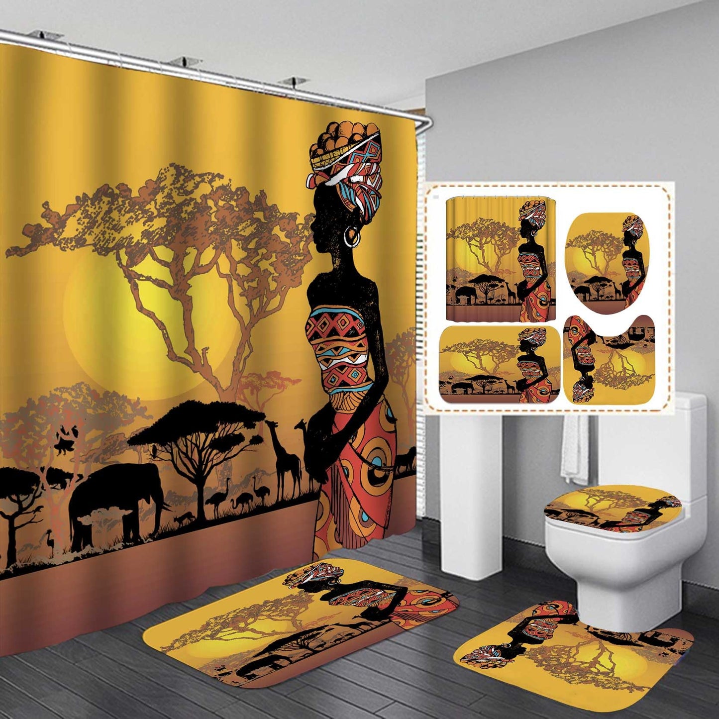 Jayden Madge 4PCS Afro Girl Shower Curtain Set, Sunset Safari Animals African Ethnic Tribal Melanin Black Women Bathroom Decor, Waterproof Fabric Yellow Shower Curtain, Non-Slip Bath Mat Toilet Rug