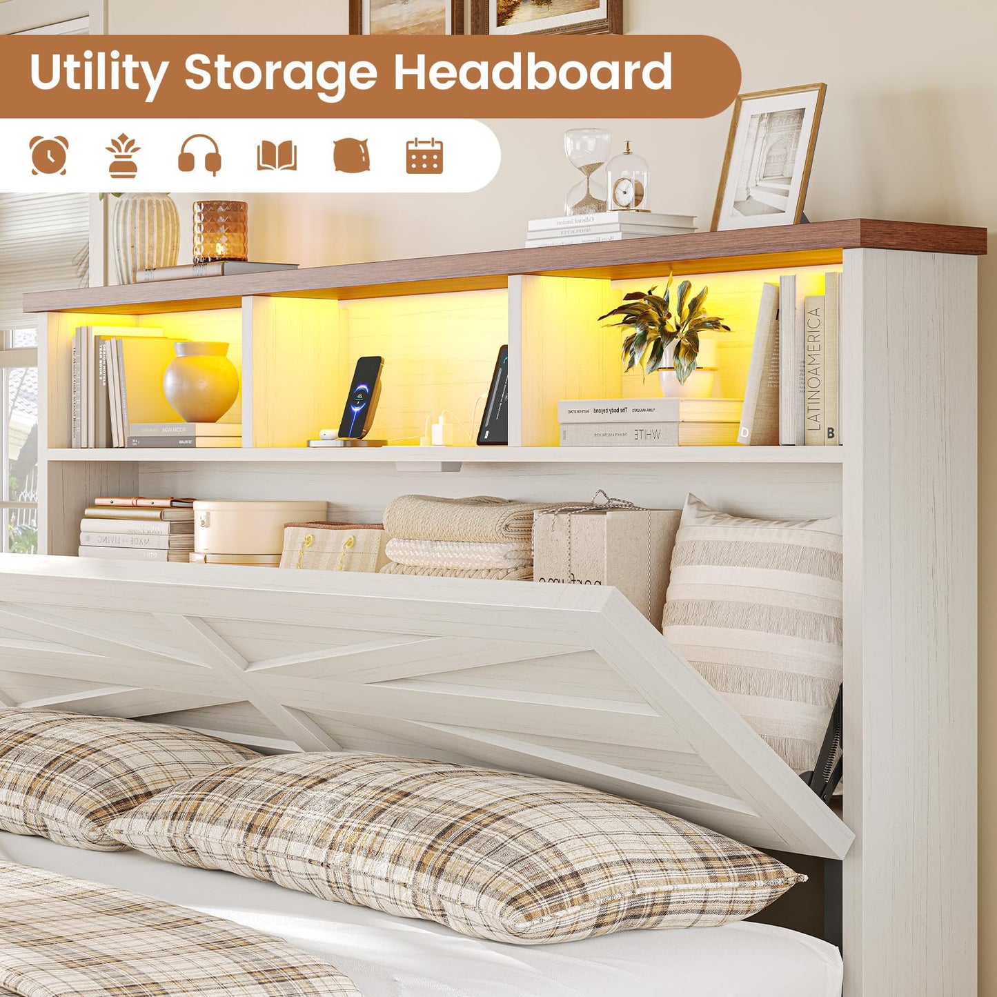 VIAGDO Full Size Bed Frame with 6 Drawers, Farmhouse Bed Frame with Barn Door Headboard and Storage, Wood Platform Bed Frame Full Size with Charging Station and LED Lights, No Box Spring Needed, White