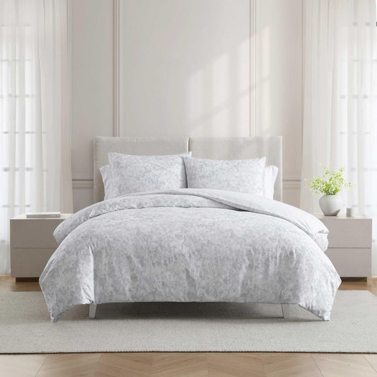Vera Wang - Queen Size Duvet Cover Set, 100% Soft & Smooth Cotton Sateen Floral Bedding, 3-Piece Reversible Bed Set with Matching Pillowcases (Nebulous Flower/Etched Stripe Grey)