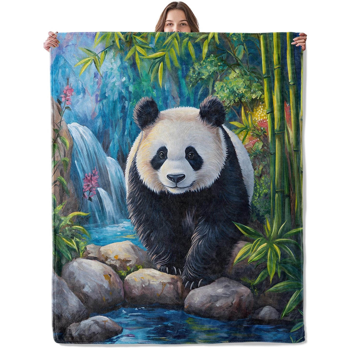 Lugiu Panda Blanket, Lightweight Comfy Waterfall and Forest Botanical Animal Throw for Couch Sofa Bedroom, Soft Cozy Travel Flannel Nature Cute Blankets Gifts for Girls Boys Kids, Home Decor 60×50in