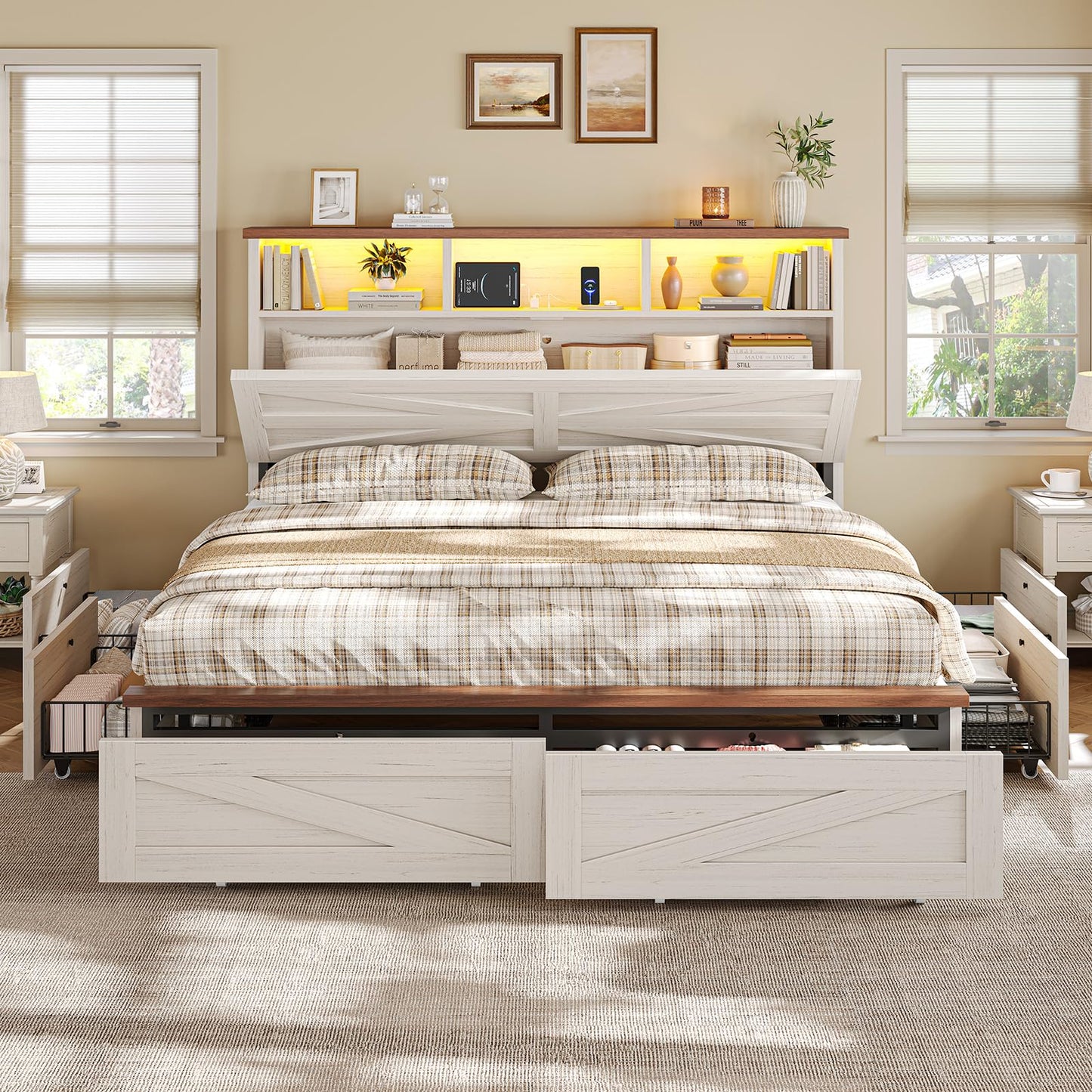 VIAGDO Full Size Bed Frame with 6 Drawers, Farmhouse Bed Frame with Barn Door Headboard and Storage, Wood Platform Bed Frame Full Size with Charging Station and LED Lights, No Box Spring Needed, White