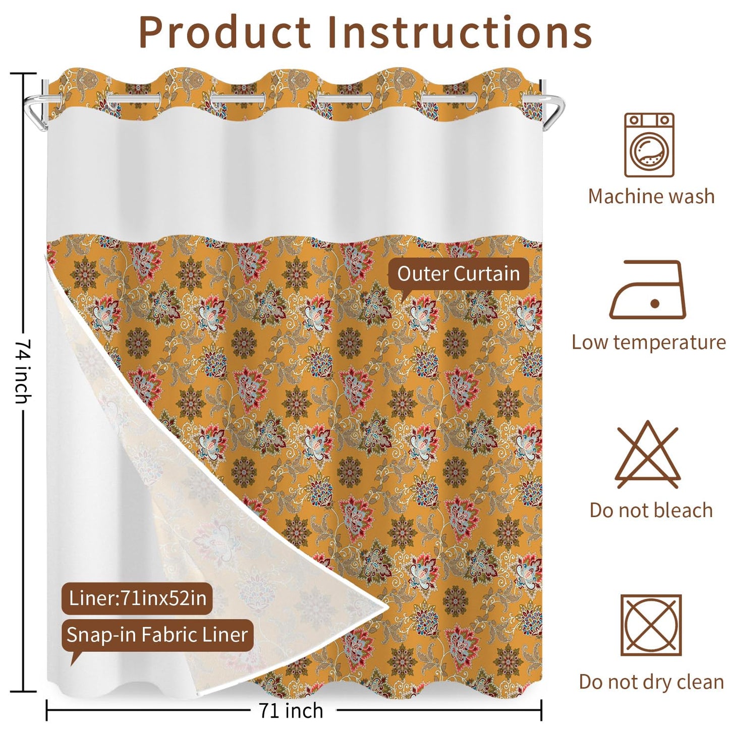 NAEMBCU No Hook Shower Curtain with Snap in Liner Set FYLX00238