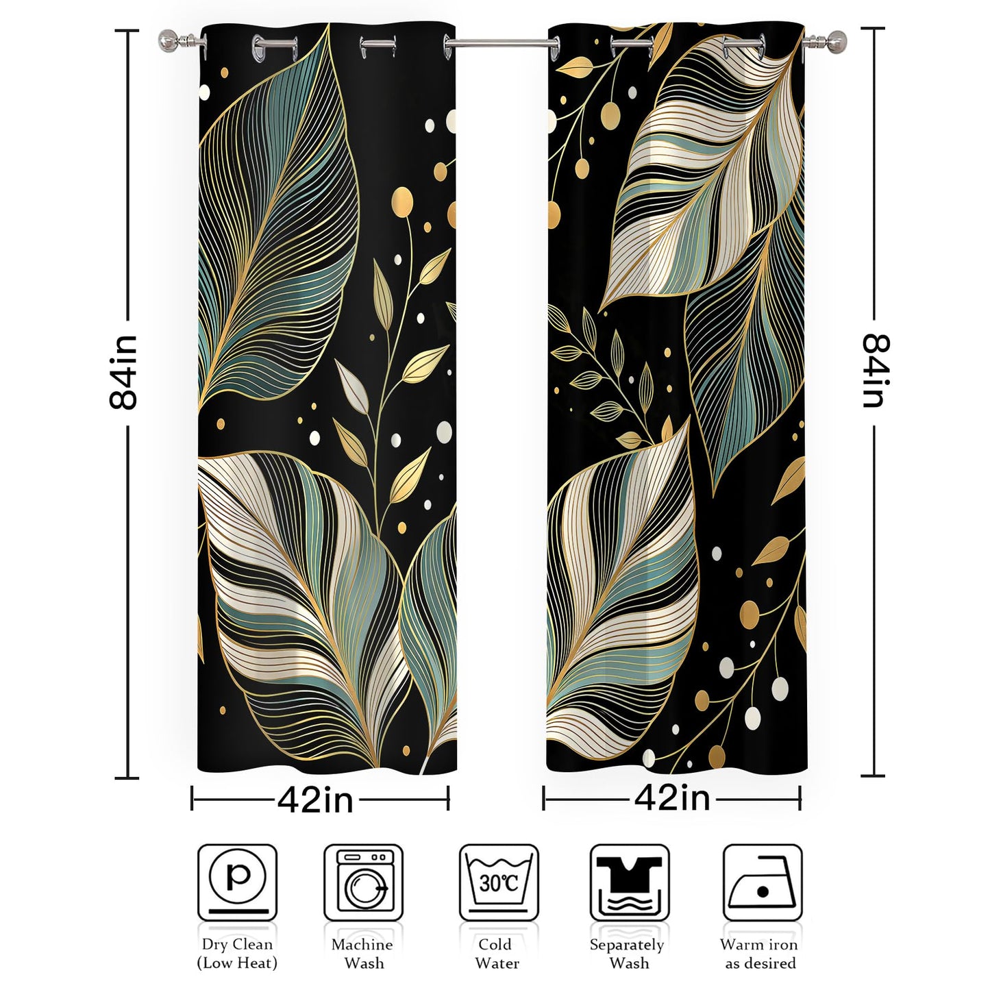 MYUSRE Black and Gold Leaf Curtains for Bedroom, 2 Panels 42x84 inch
