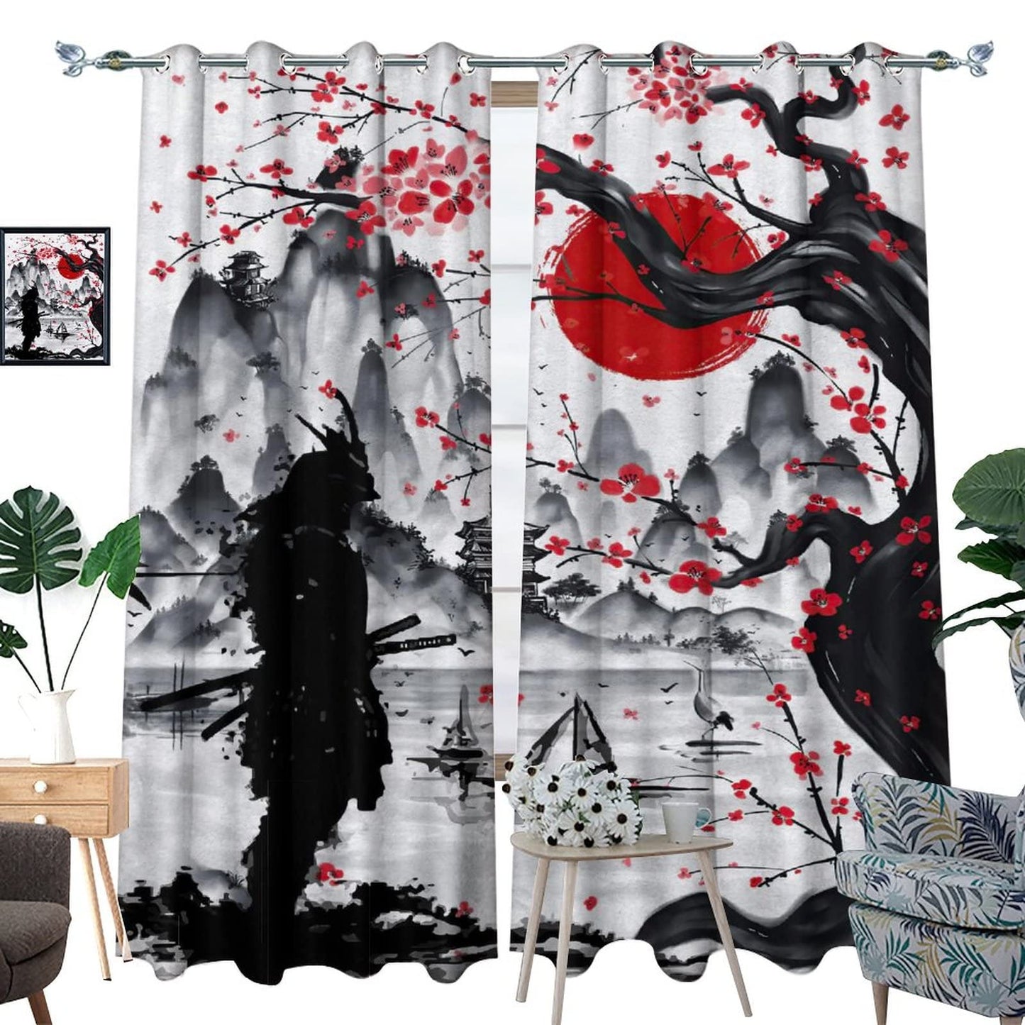 Retro Japanese Blackout Curtains for Bedroom,Watercolor Ink Samurai Red Sun Mountain Cherry Blossoms Grommet Thermal Insulated Room Darkening Curtains Window Curtains 2 Panels 45L x 21W