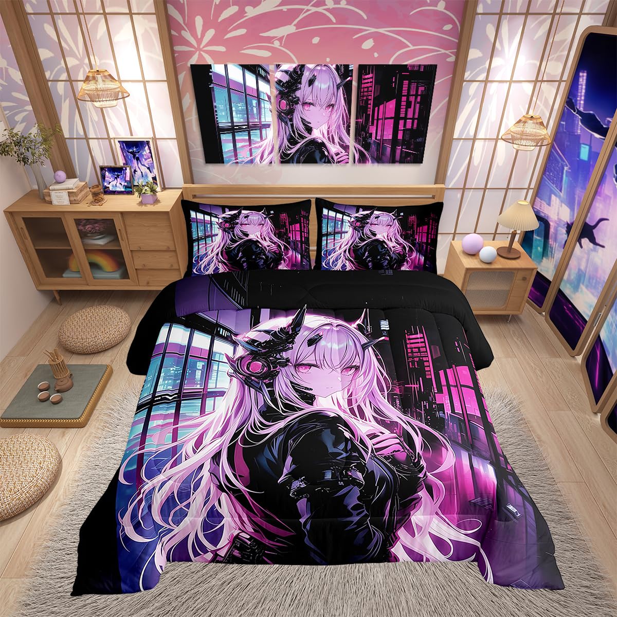 Erosebridal Japanese Anime Bedding Set Full Size, Anime Girl Comforter Set Kawaii Japanese Style Duvet Insert Cartoon Japan Animation Quilt for Boys Teens Adult Women Bedroom Decor