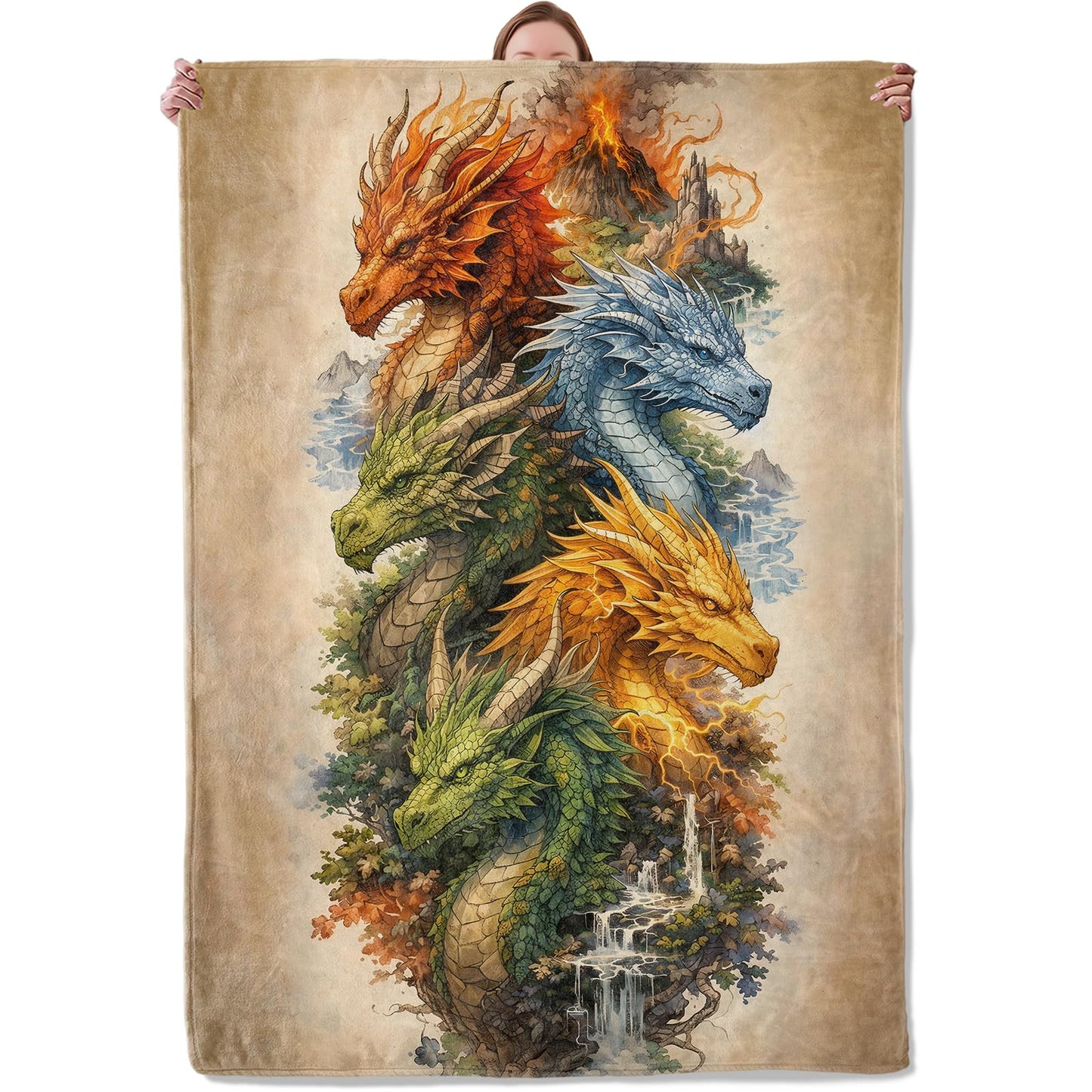 Elemental Dragons Throw Blanket Gifts for Kids Women, Soft Warm Fire Water Earth Lightning Fantasy Flannel Blankets for Living Room Sofa Home Bedroom Decor 50" x 60"