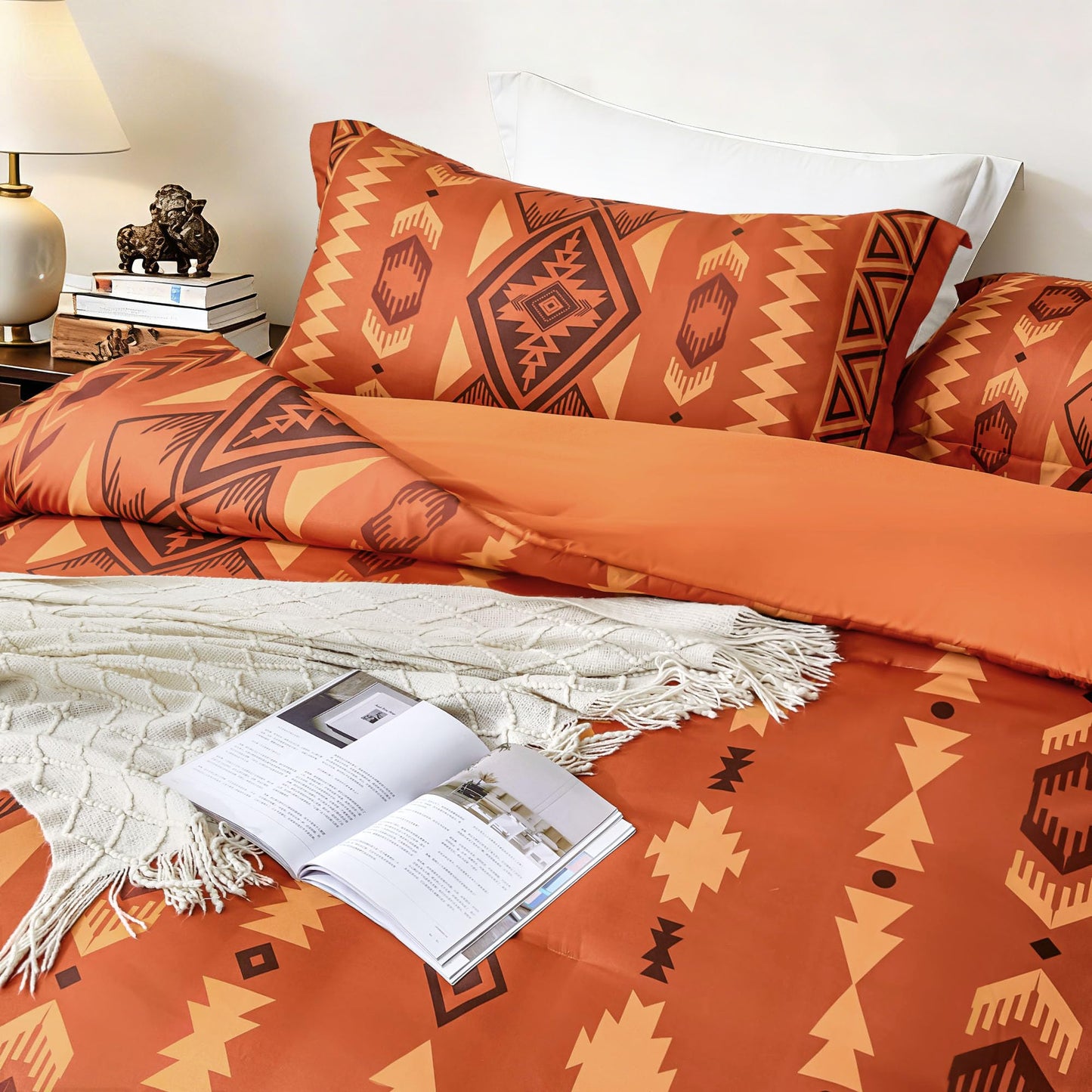 Tyrot King Comforter Set – 3 Piece Burnt Orange Boho Aztec Bedding, Western Southwestern Style Comforter Sets, Soft Lightweight Comforter for All Seasons, 1 Comforter & 2 Pillow Shams