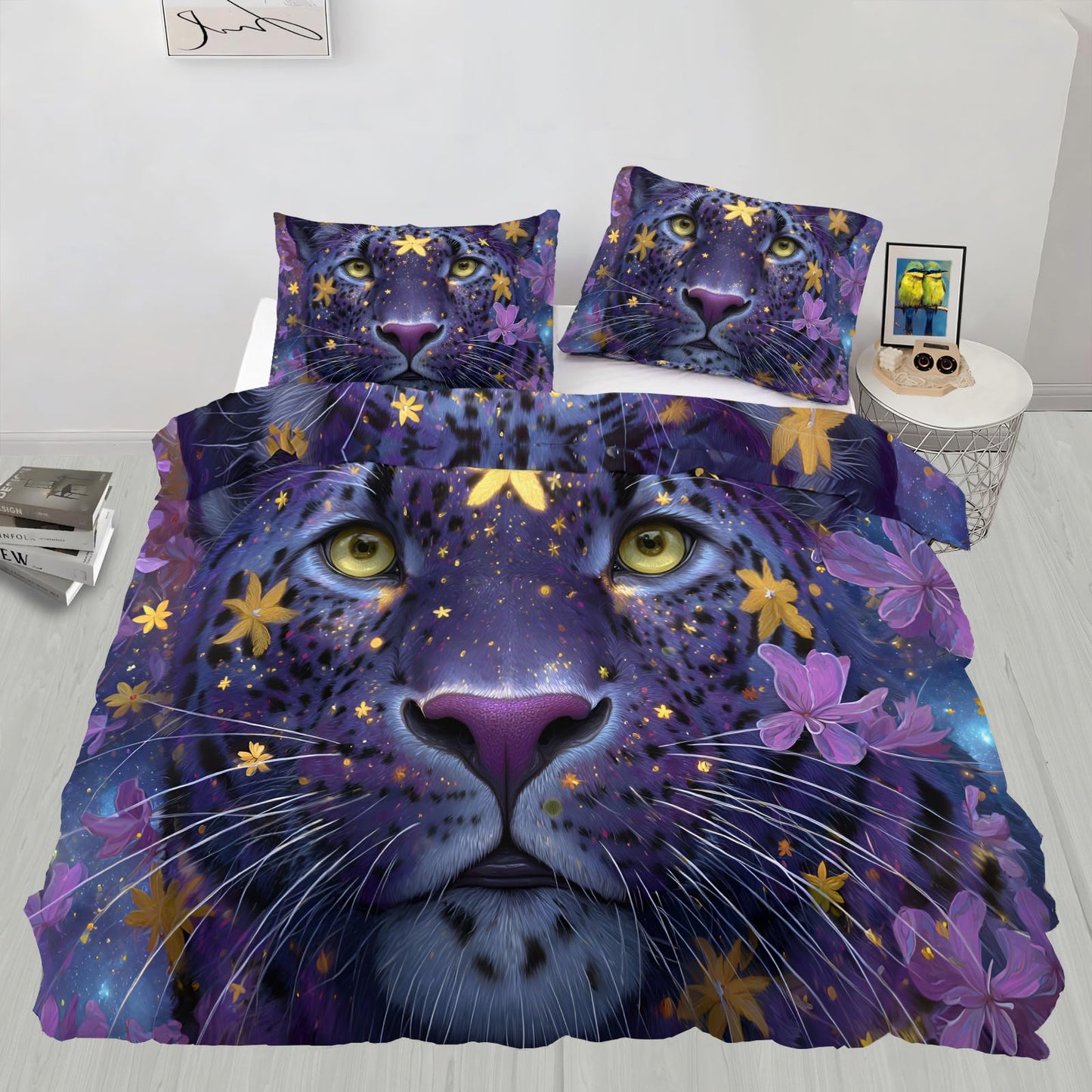 Purple Leopard Duvet Cover Set Twin Size for Women, Starry Sky Bedding Set 3 Piece Microfiber with Zipper Closure & Corner Ties for Teen Adult, Flowers and Animal Comforter Cover with 2 Pillowcases