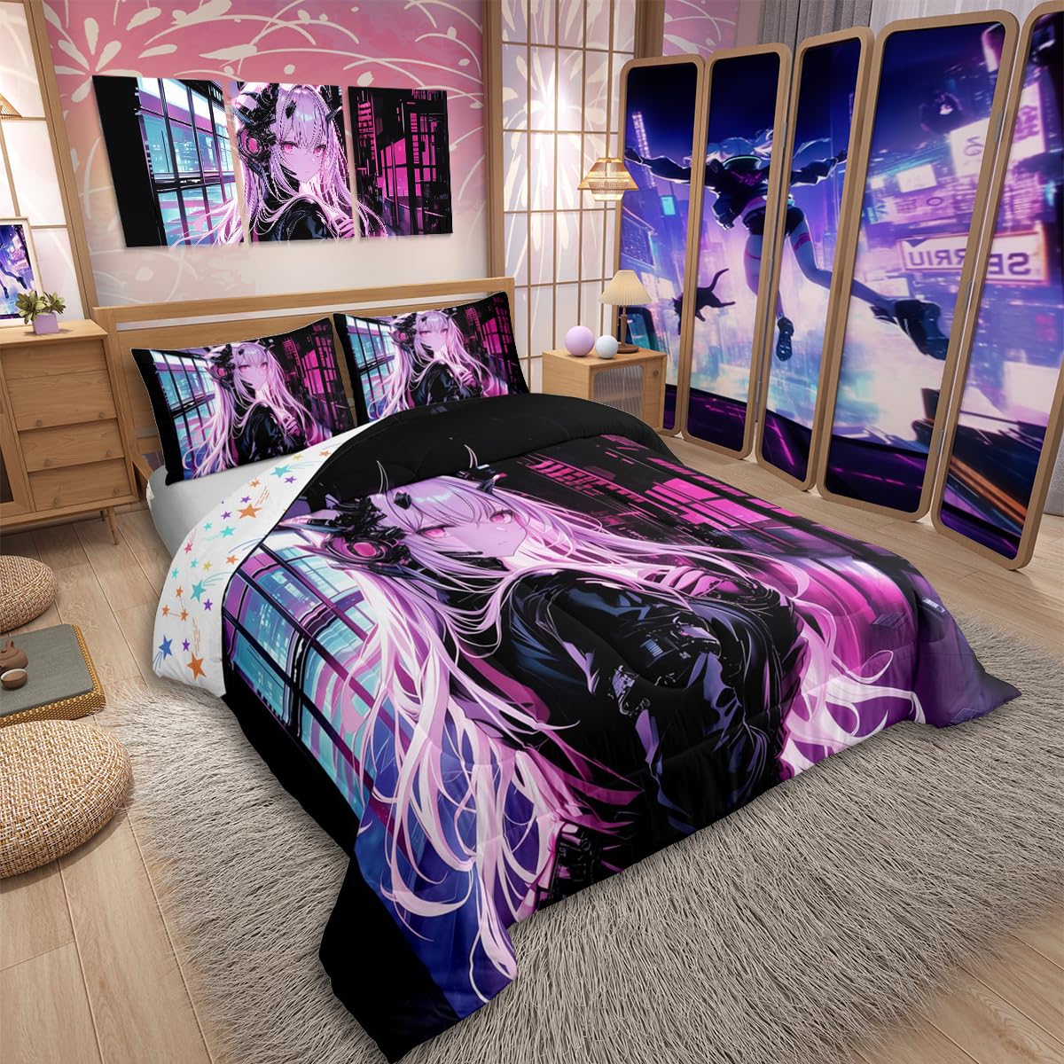 Erosebridal Japanese Anime Bedding Set Twin Size, Anime Girl Comforter Set Kawaii Japanese Style Duvet Insert Cartoon Japan Animation Quilt for Boys Teens Adult Women Bedroom Decor