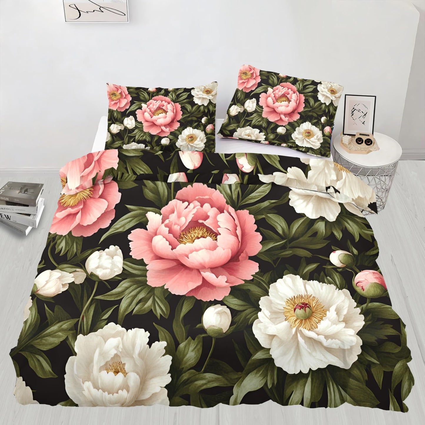 PAISUOQ Peony Bedding Sets Full Pastel Flowers Comforter Cover with Zipper Ties, European Retro Duvet Cover with 2 Pillowcases, 3 Pieces，Bedroom Decor & Gifts