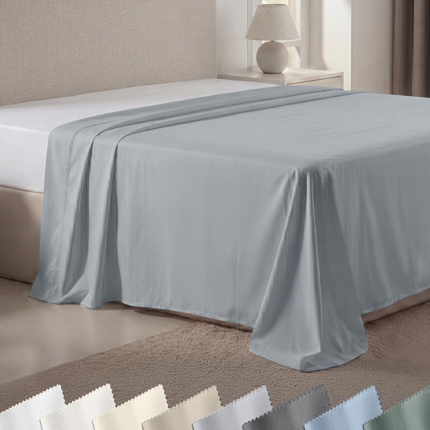 California Design Den King Size Flat Sheet Only - 100% Cotton, 600 Thread Count, Soft and Breathable Top Sheet, Sateen Weave, Premium-Feel Bedding, Featuring Foot Side Indicator - Light Grey