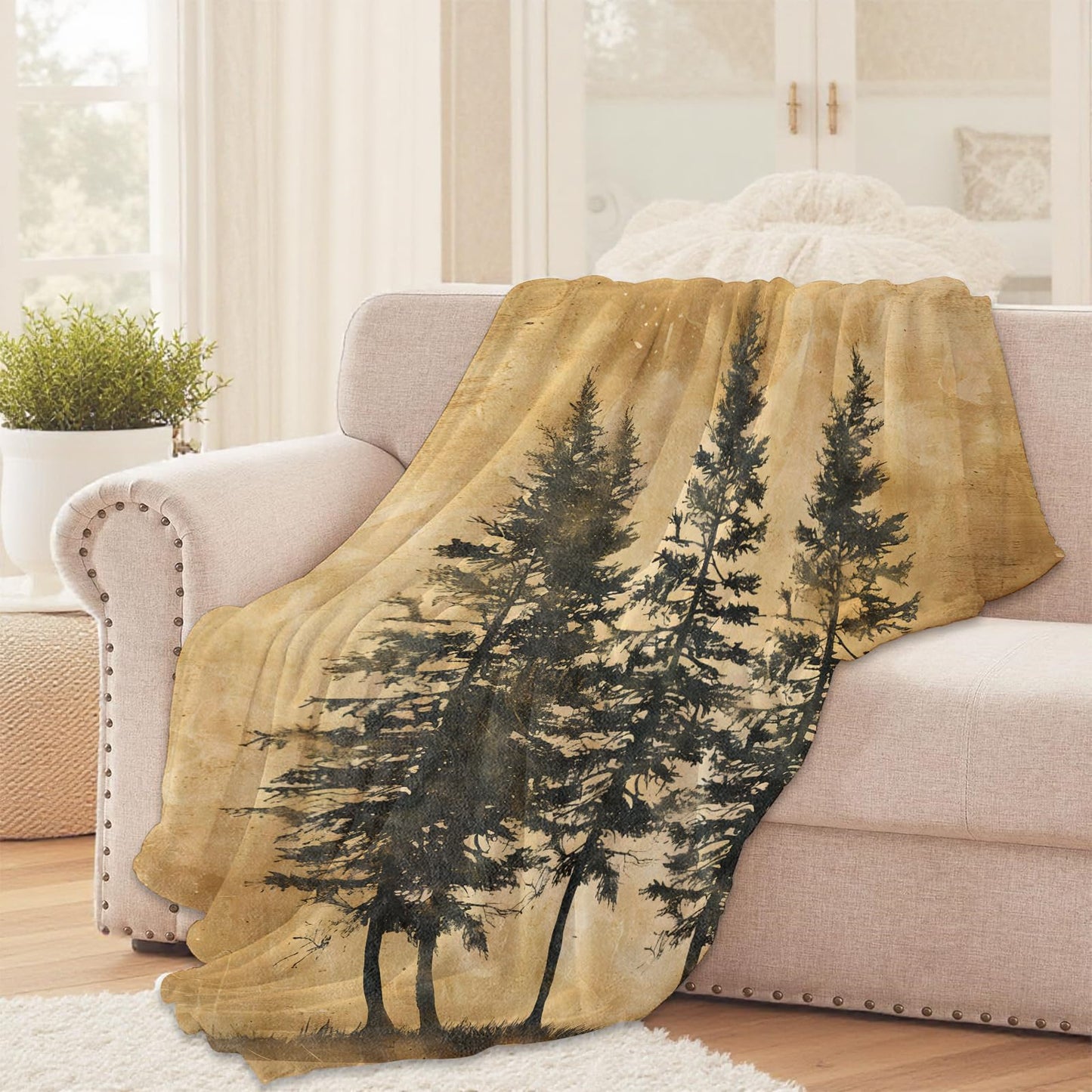 Rustic Pine Trees Throw Blanket for Girls Boys Kids Adults, 50x60 in, Cozy Flannel Blanket for Bedroom, Camping, Couch, Room Decor, Fuzzy Warm Soft Gifts
