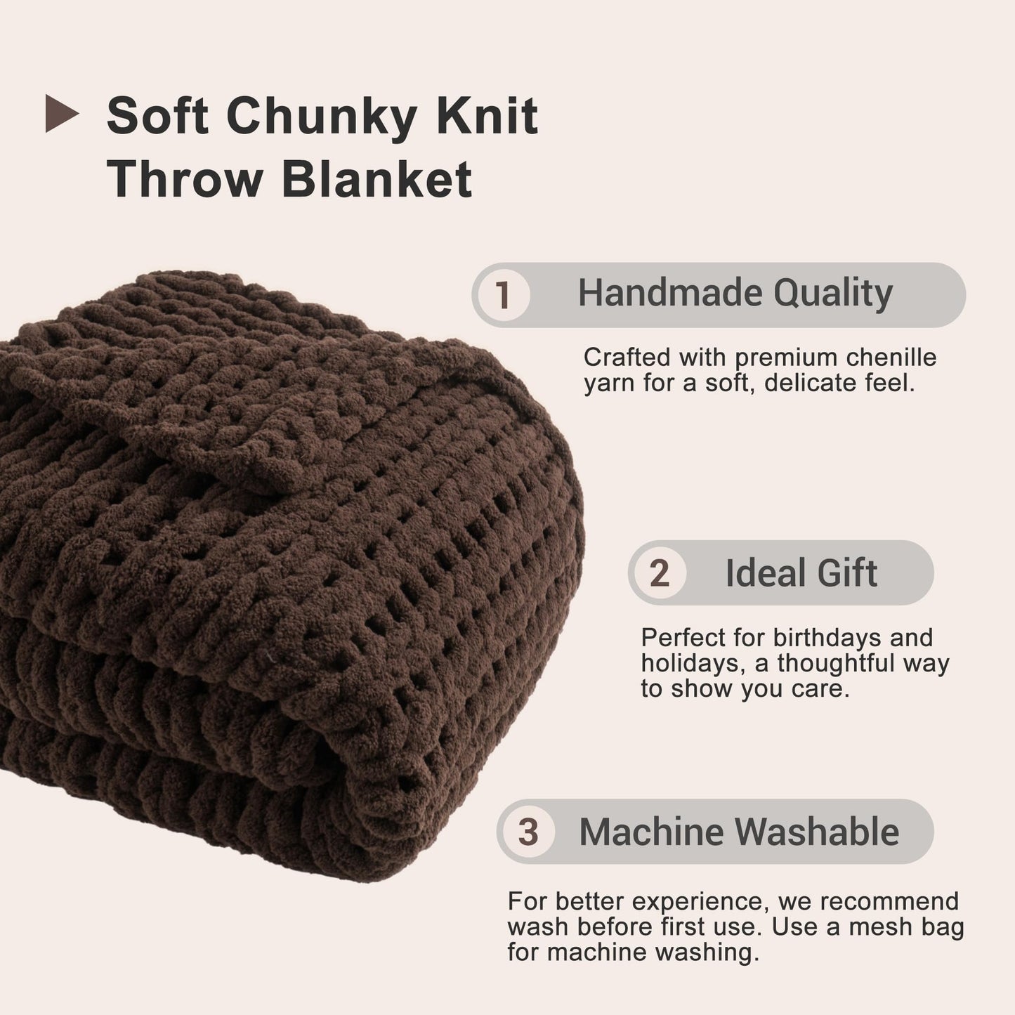 Battilo Brown Chunky Knit Throw Blanket, Soft and Thick Chenille Throw Blanket, 50"x60" Handmade Cable Knit Crochet Blanket, Knot Throw Blankets for Couch Sofa Bed Home Decor (Brown, 50"x60")