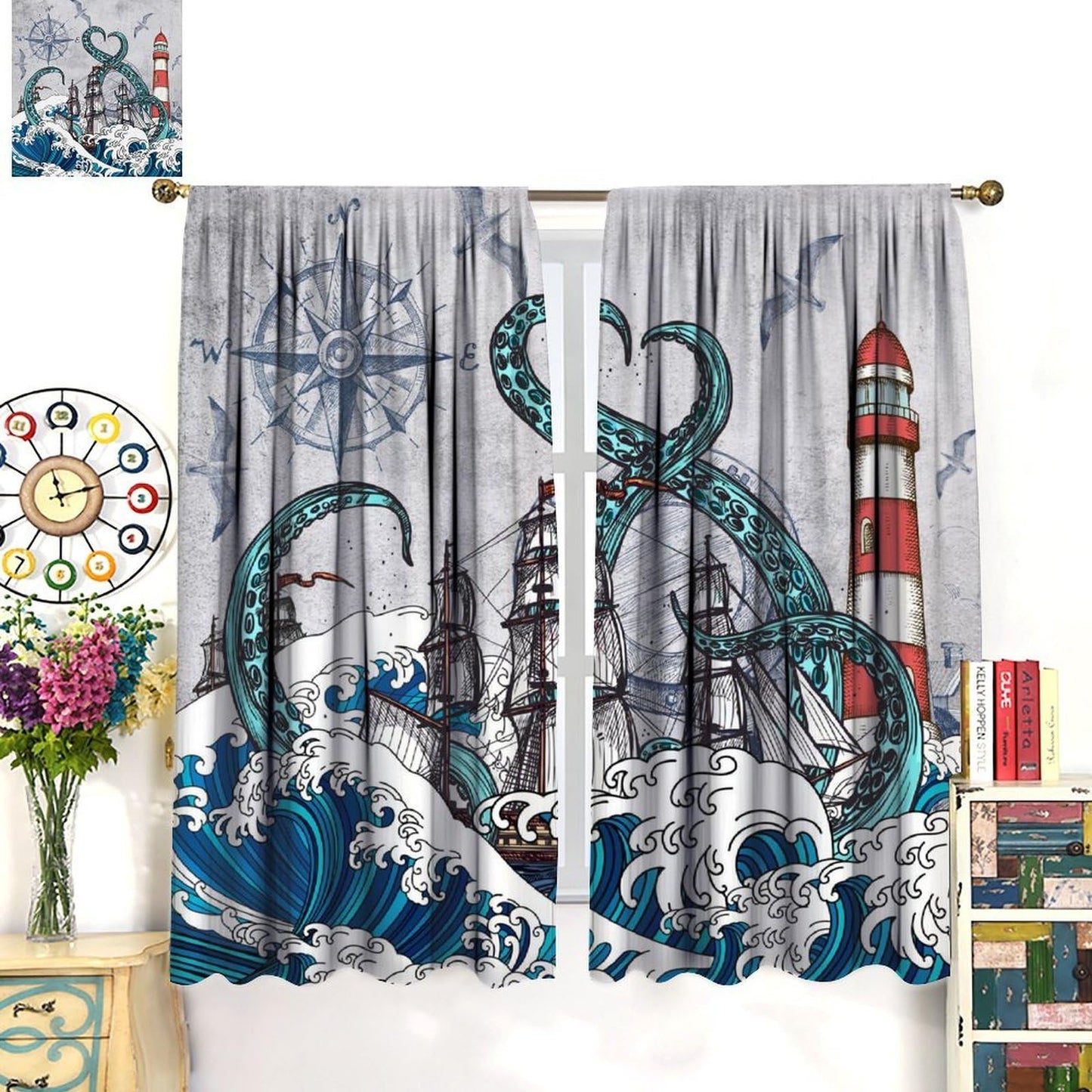 Nautical Curtains Vintage Blue Octopus Sea Monster Sailboat Map Rustic Lighthouse Compass Scene Ocean Beach Windows Treatments Rod Pocket For Boys Kids Living Room Bedroom 42x44.5In（No Blackout）