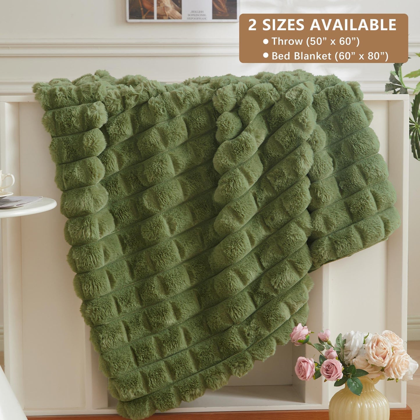MEGO Luxury Fluffy Faux Rabbit Fur Throw, Green Comfy 3D Bubble Checkered Grid Plush Furry Blanket for Bed Couch Sofa Chair Office, Shaggy Fuzzy Throw Blanket for Kids Girls Adults, 50x60, Sage Green