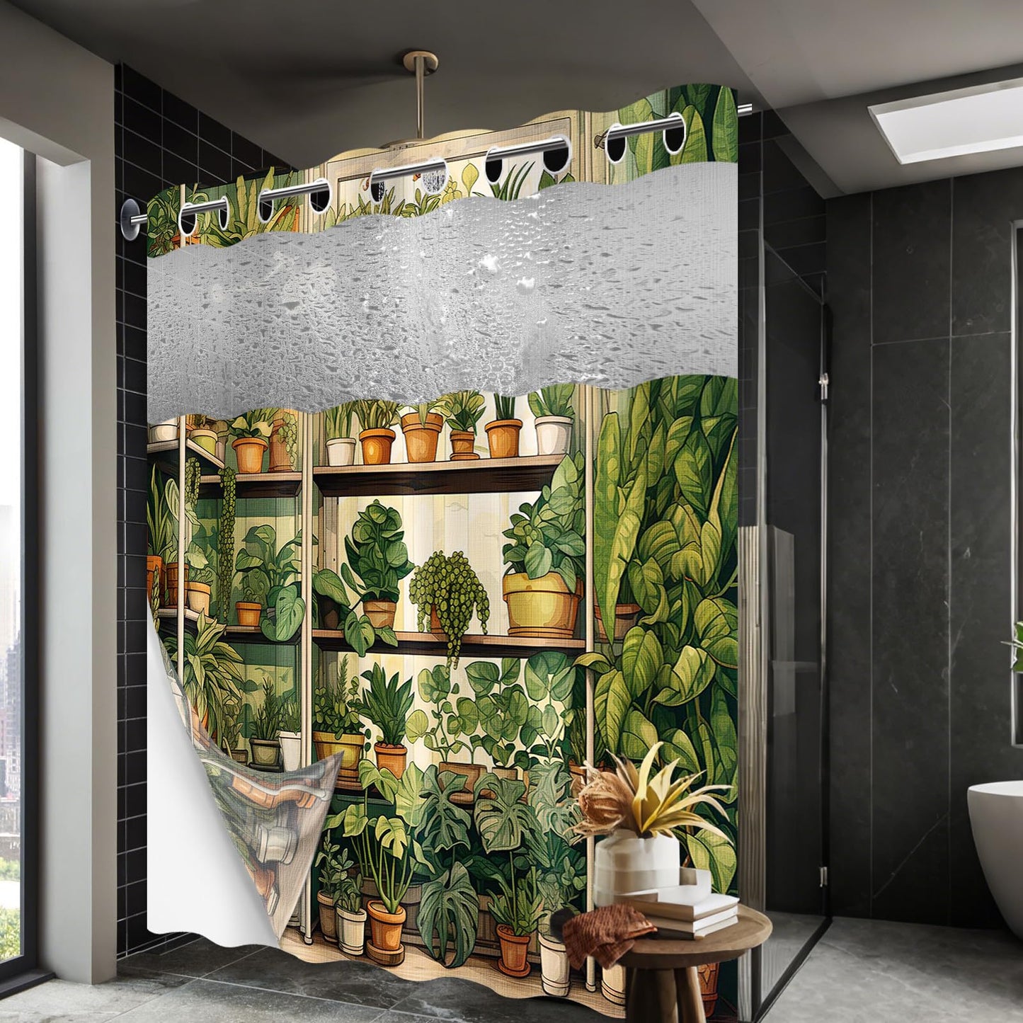 Plant Hookless Shower Curtain with Snap in Liner, 71" W X 74" L